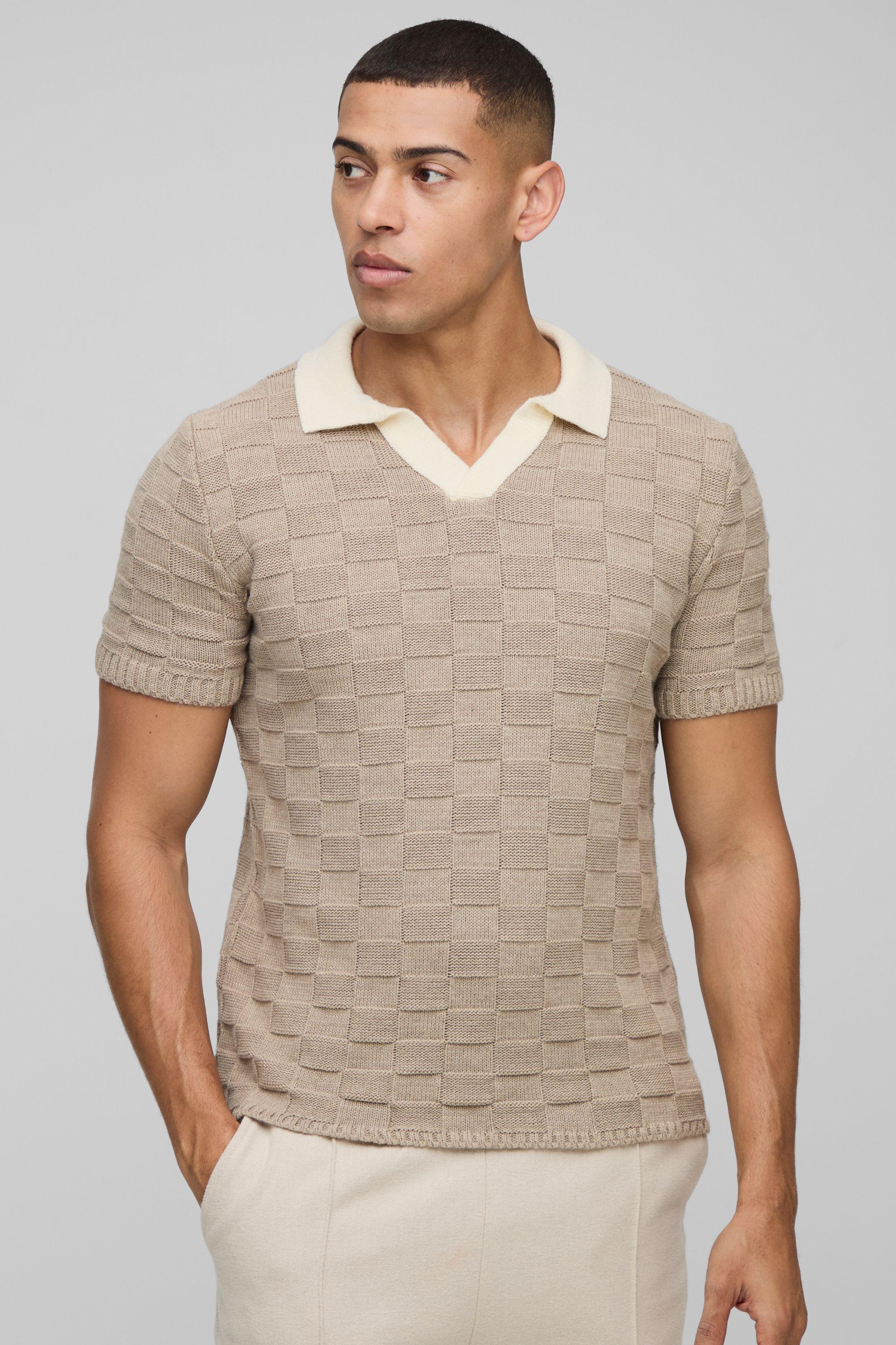 Regular Fit V Neck Checkboard Knitted Polo by BOOHOOMAN Regular Fit V Neck Checkboard Knitted Polo by BOOHOOMAN
