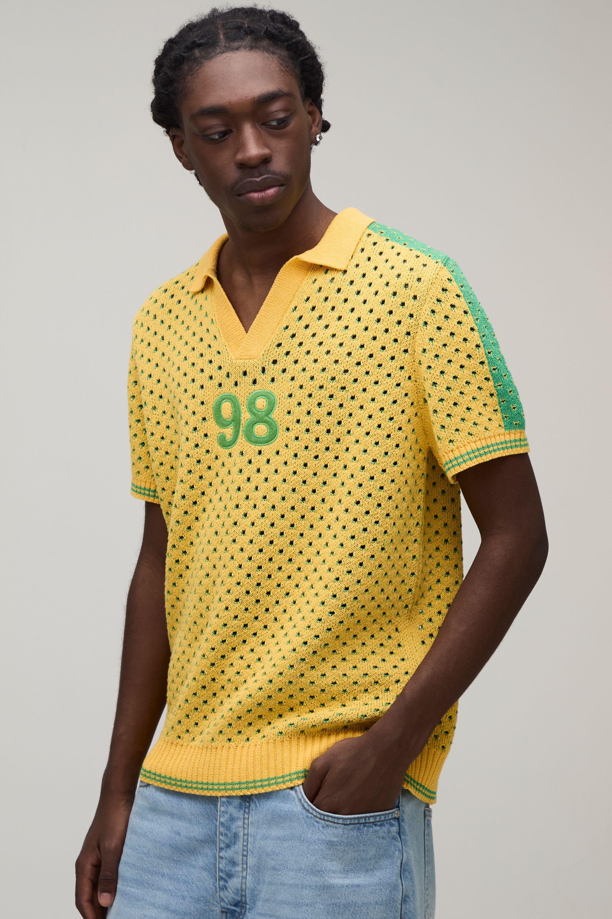 Regular Fit V Neck Football Open Stitch Knitted Polo by BOOHOOMAN