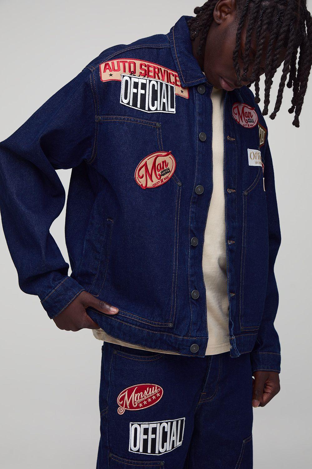 Regular Fit Varsity Badge Applique Denim Worker Jacket by BOOHOOMAN