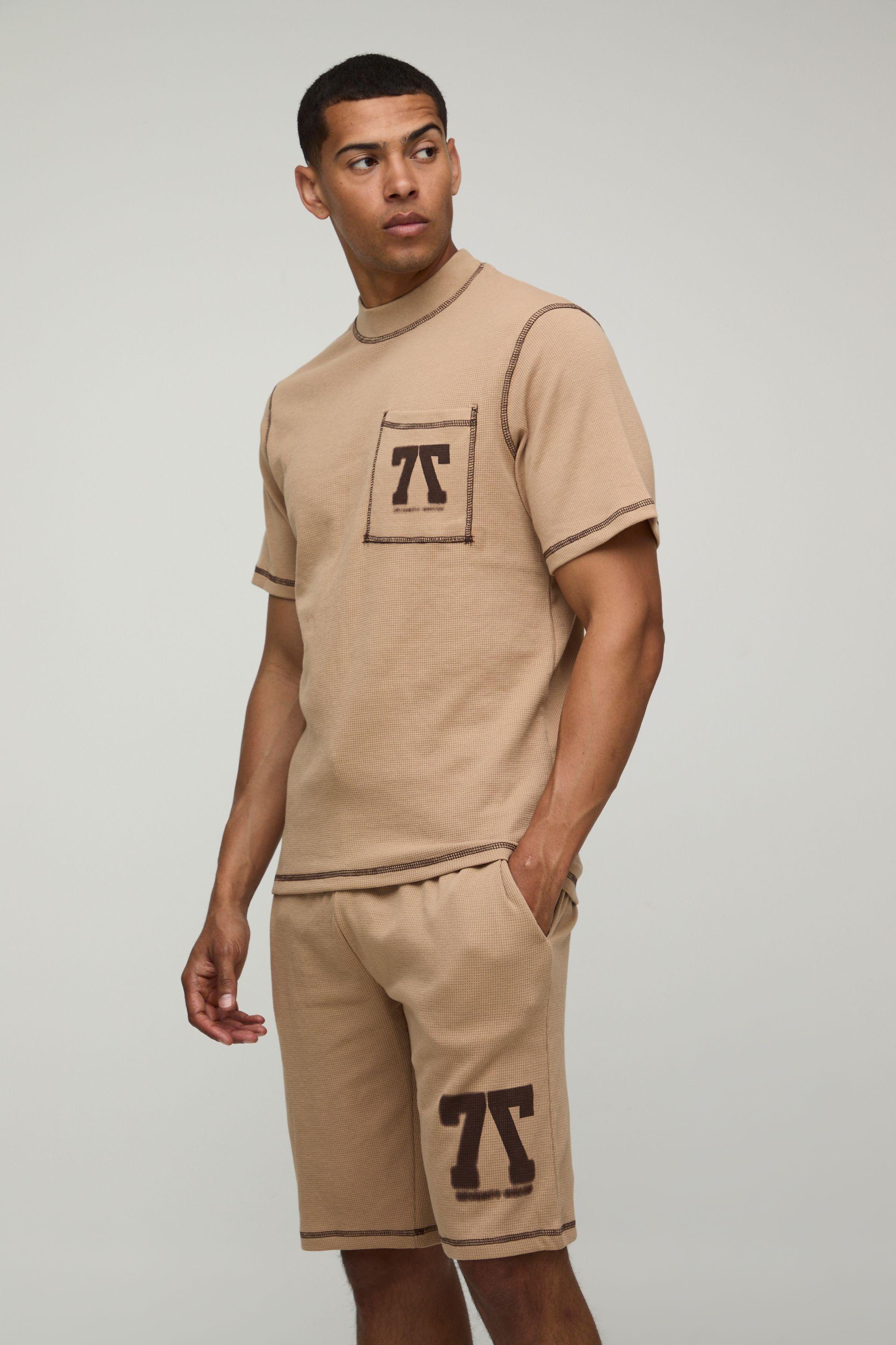 Regular Fit Waffle Printed T-Shirt And Short Set by BOOHOOMAN