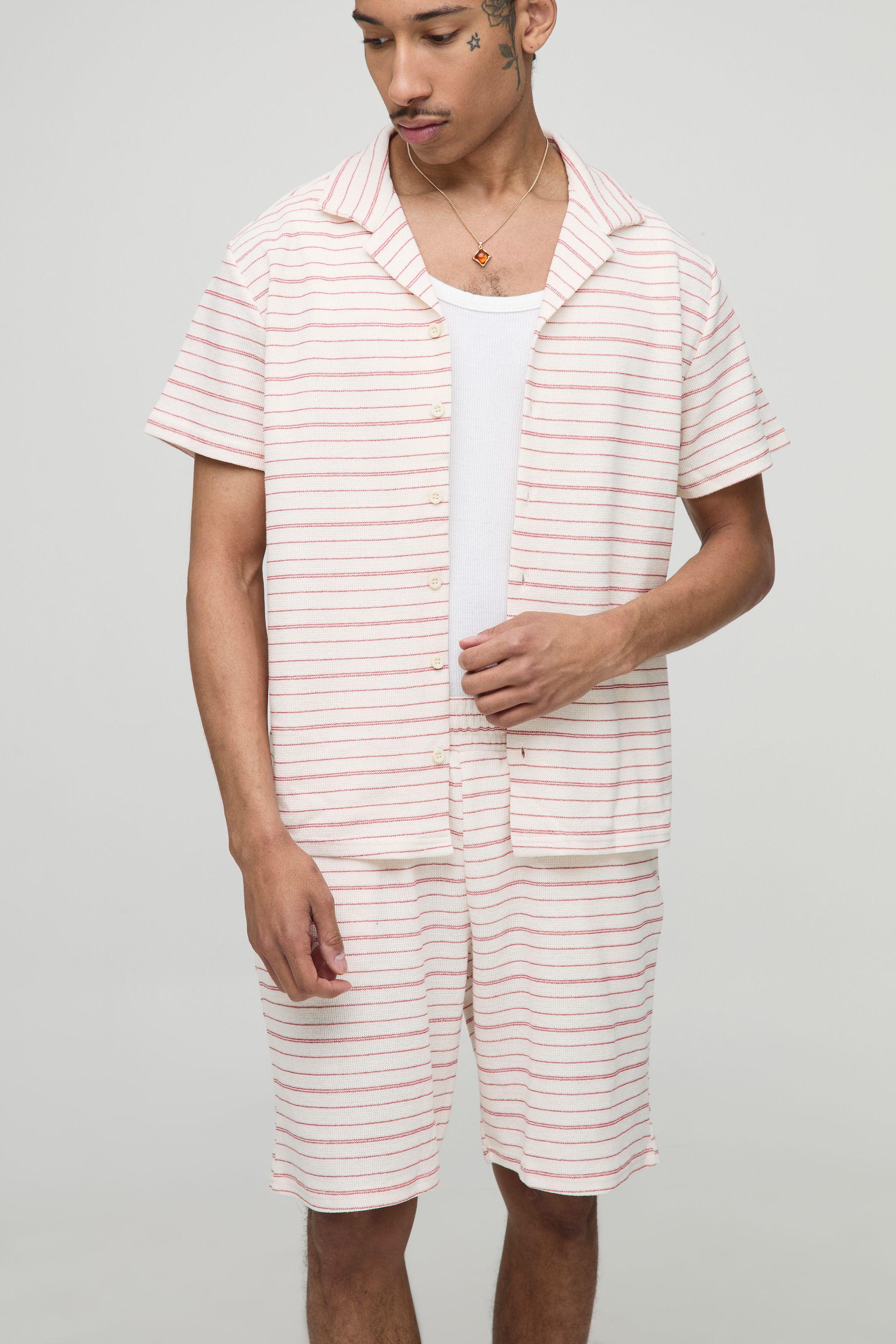 Regular Fit Waffle Textured Stripe Revere Collar Jersey Shirt and Shorts Set by BOOHOOMAN
