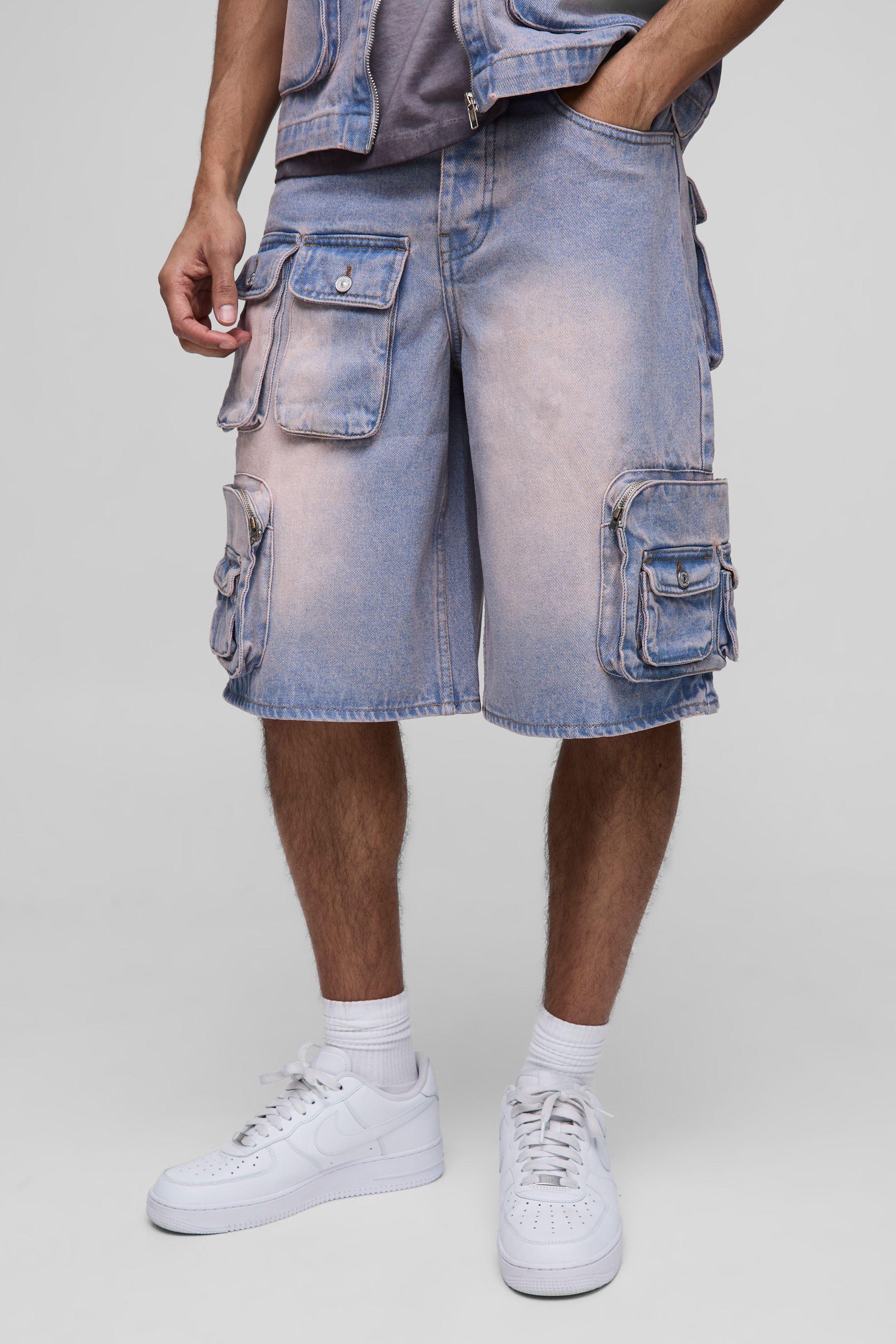 Regular Fit Washed Pink Cargo Denim Jorts by BOOHOOMAN