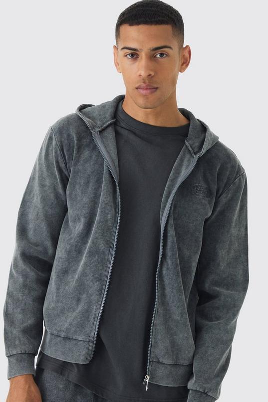 Regular Fit Washed Rib Man Embroidered Zip Through Hoodie by BOOHOOMAN