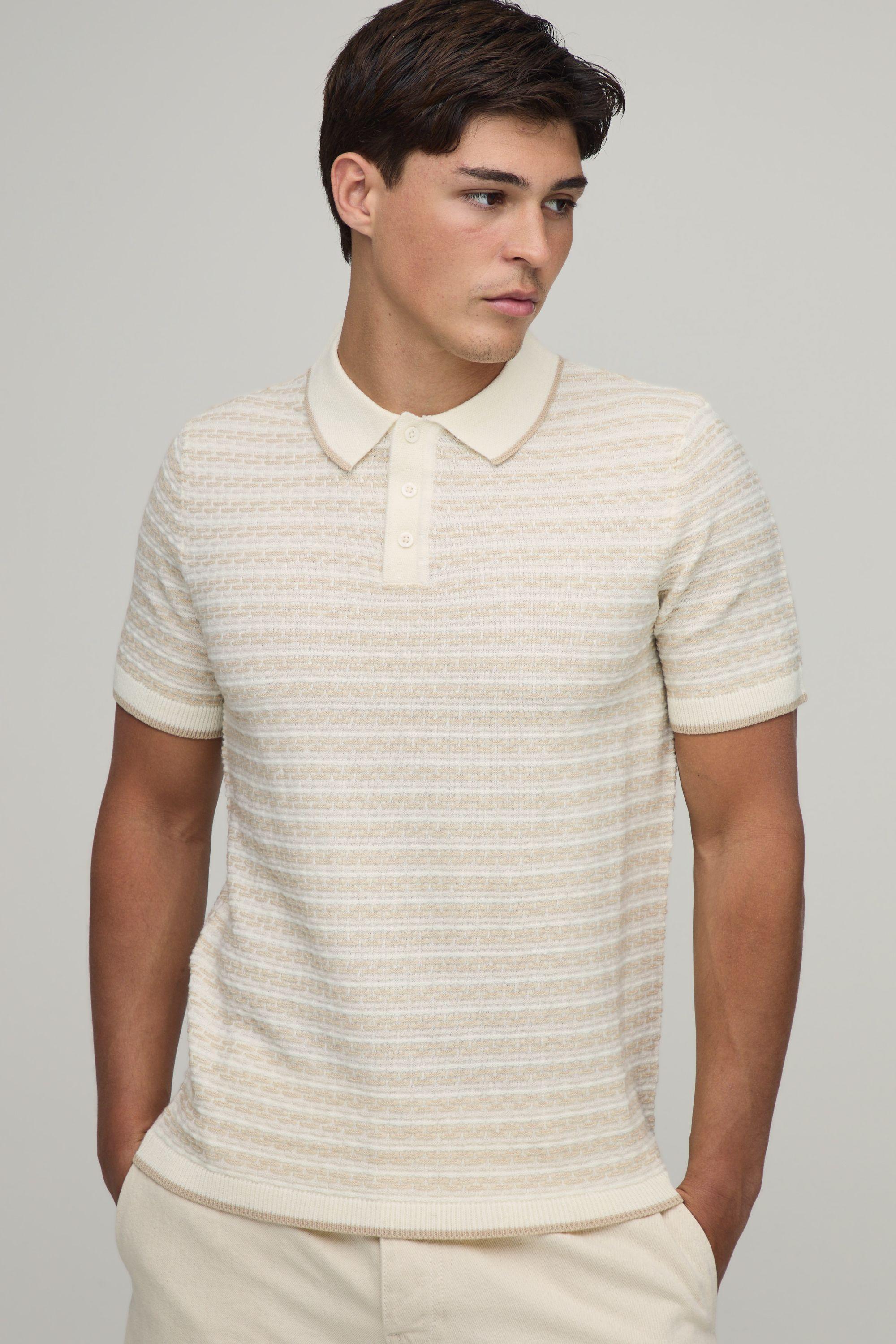 Regular Open Stitch Striped Knitted Polo by BOOHOOMAN