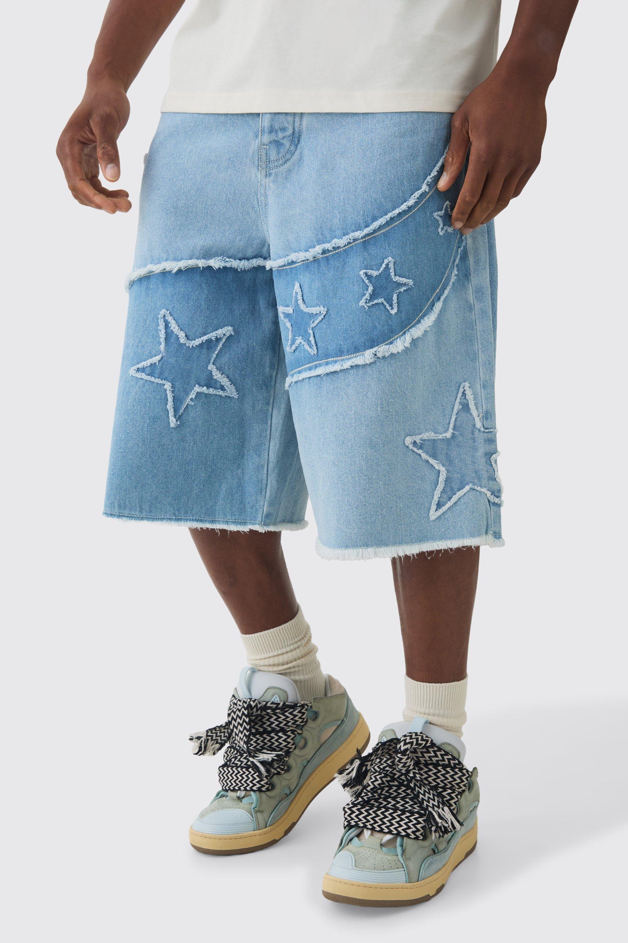 Regular Rigid Star Applique Denim Jorts In Ice Blue by BOOHOOMAN