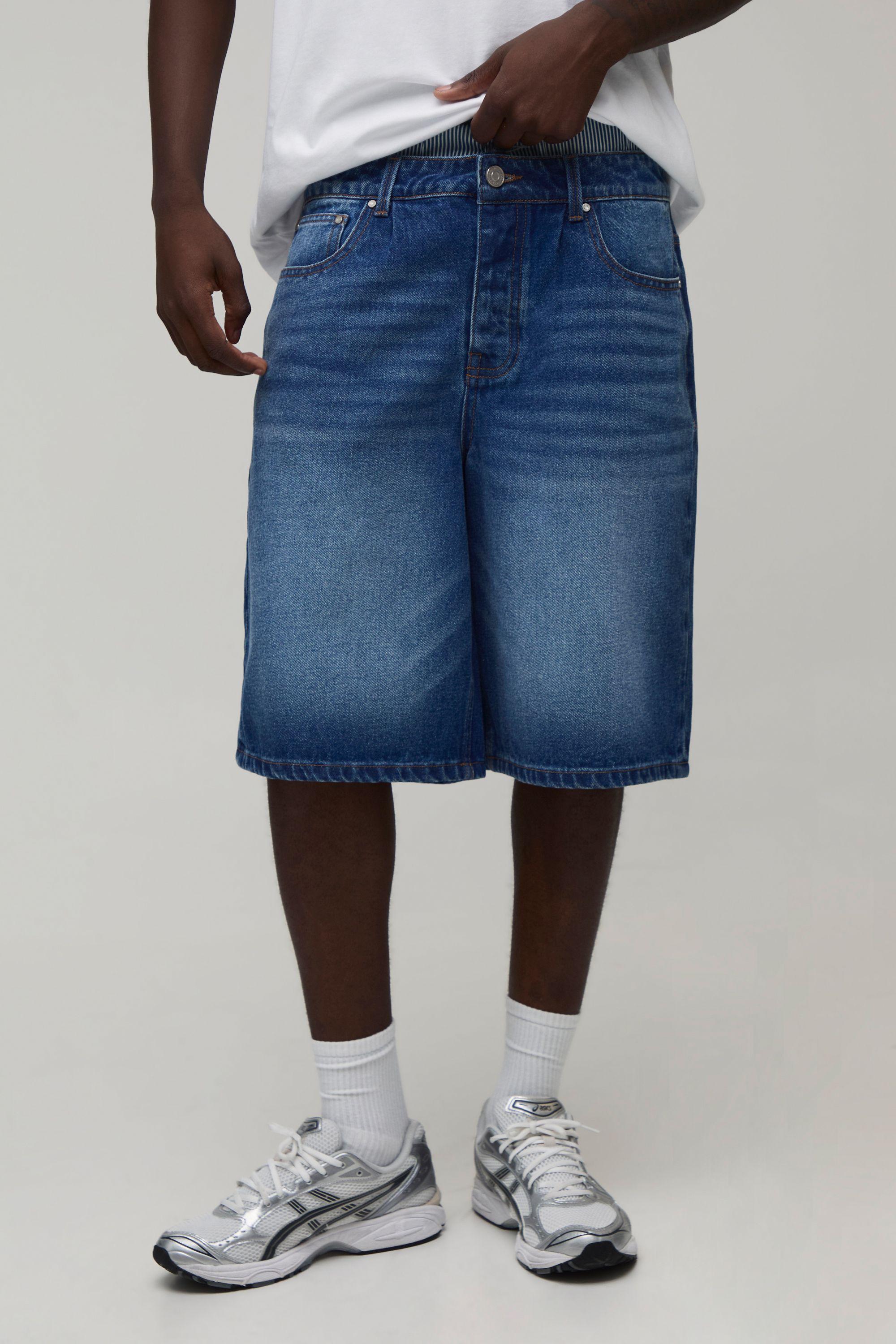Regular Stripe Double Waistband Denim Jorts by BOOHOOMAN