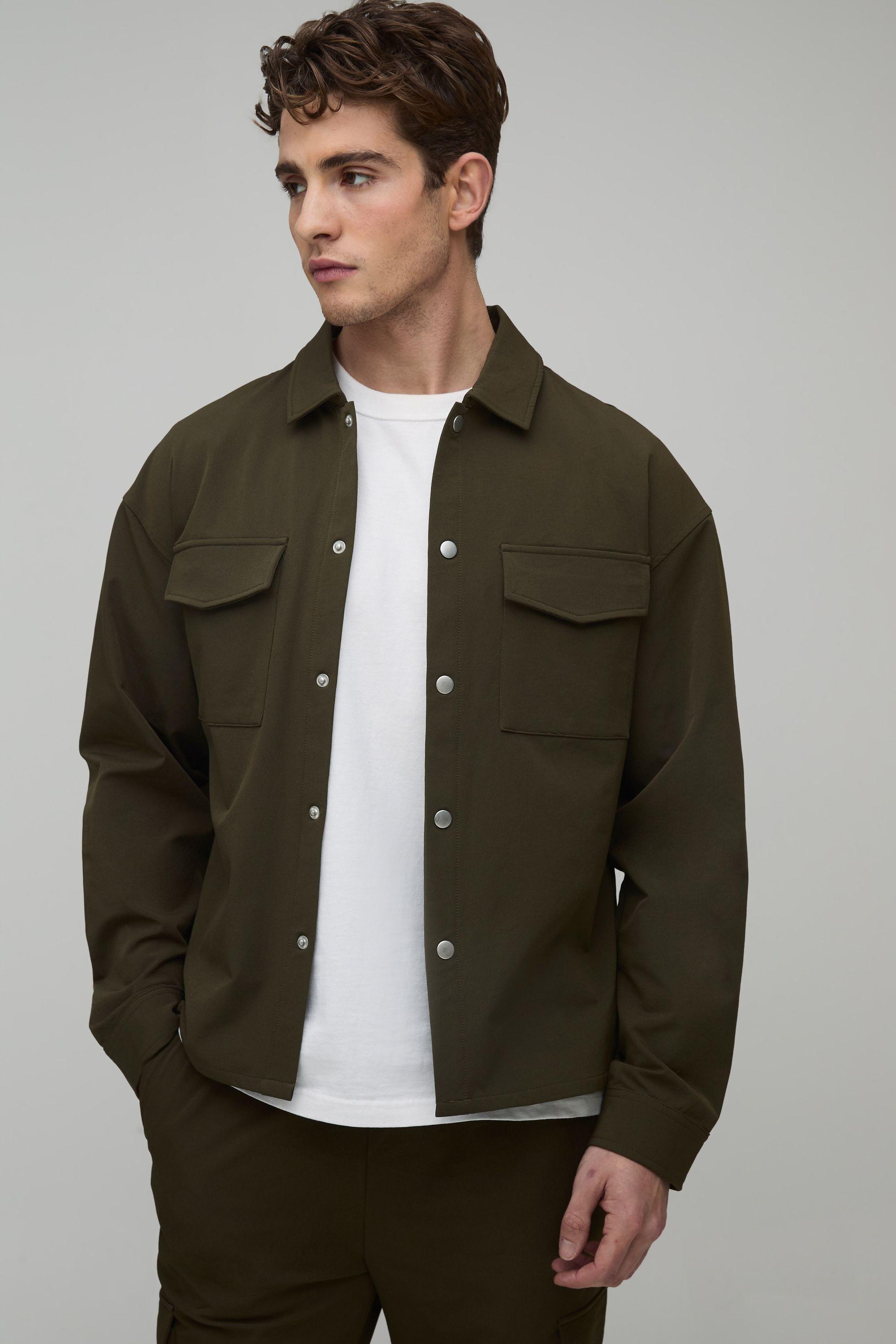 Regular Technical Stretch Button Up Overshirt by BOOHOOMAN