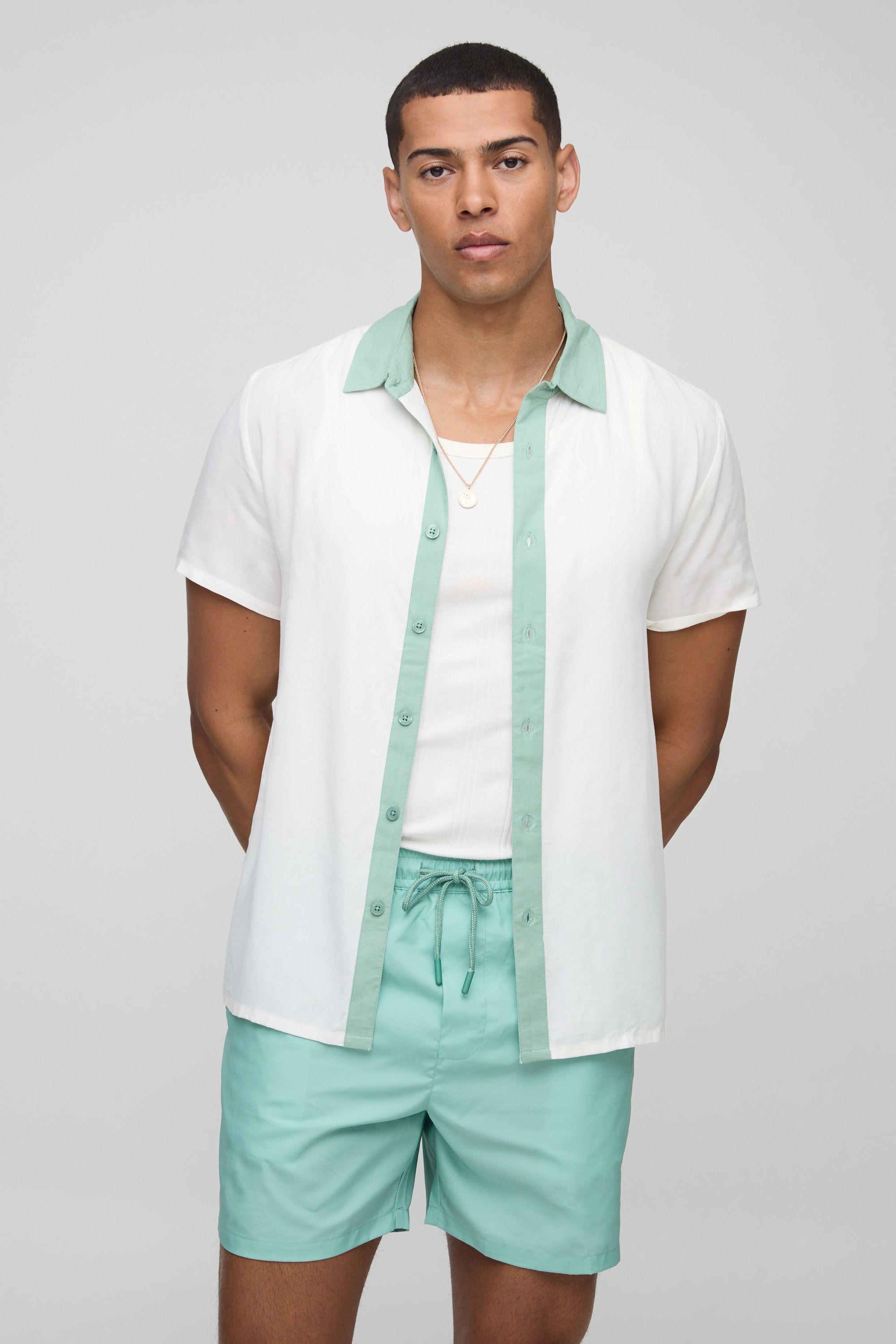 Regular Viscose Border Shirt & Swim Set by BOOHOOMAN