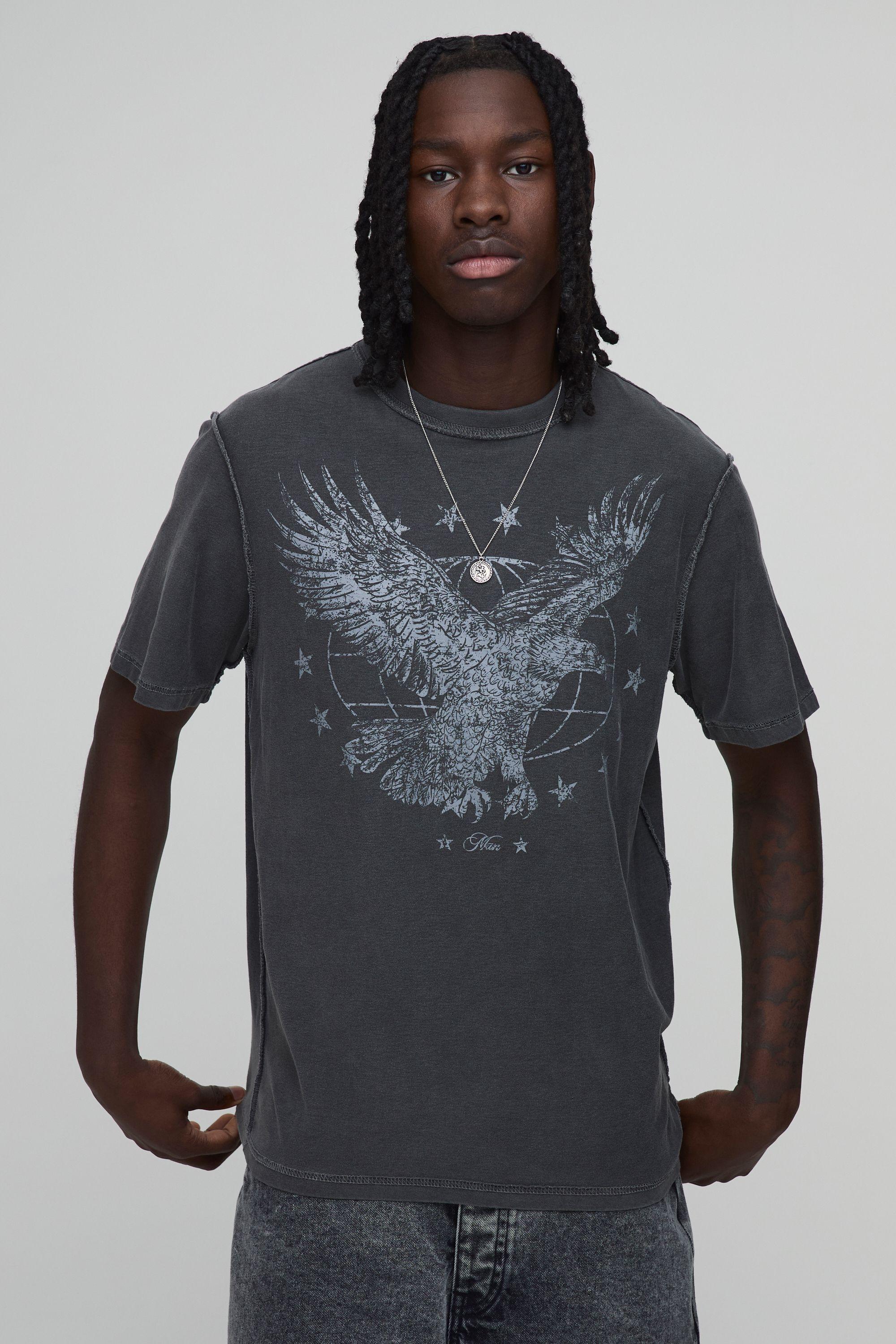 Regular Washed Charcoal Exposed Seam Eagle Graphic T-shirt by BOOHOOMAN