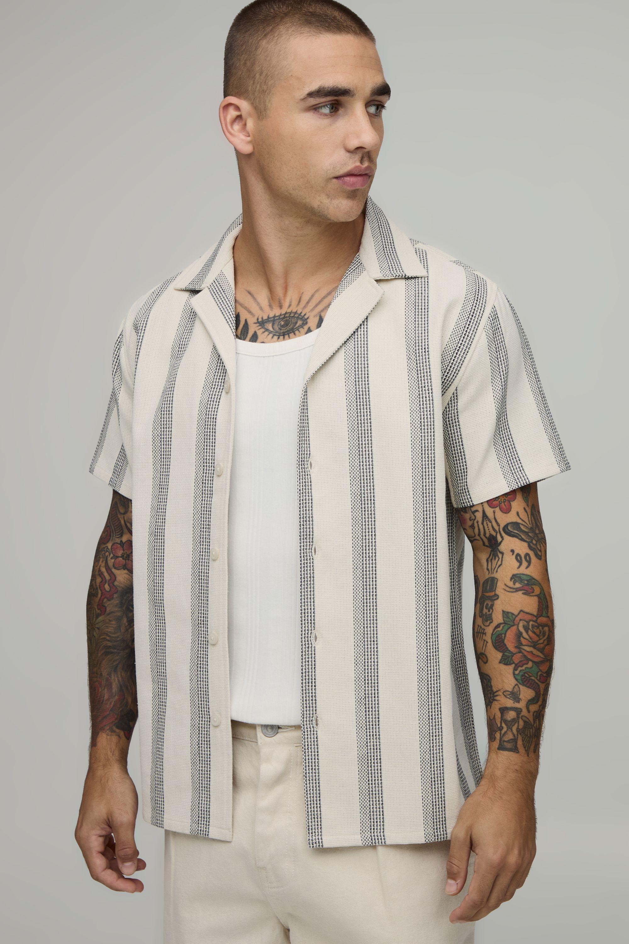 Regular Wide Stripe Short Sleeve Revere Shirt by BOOHOOMAN