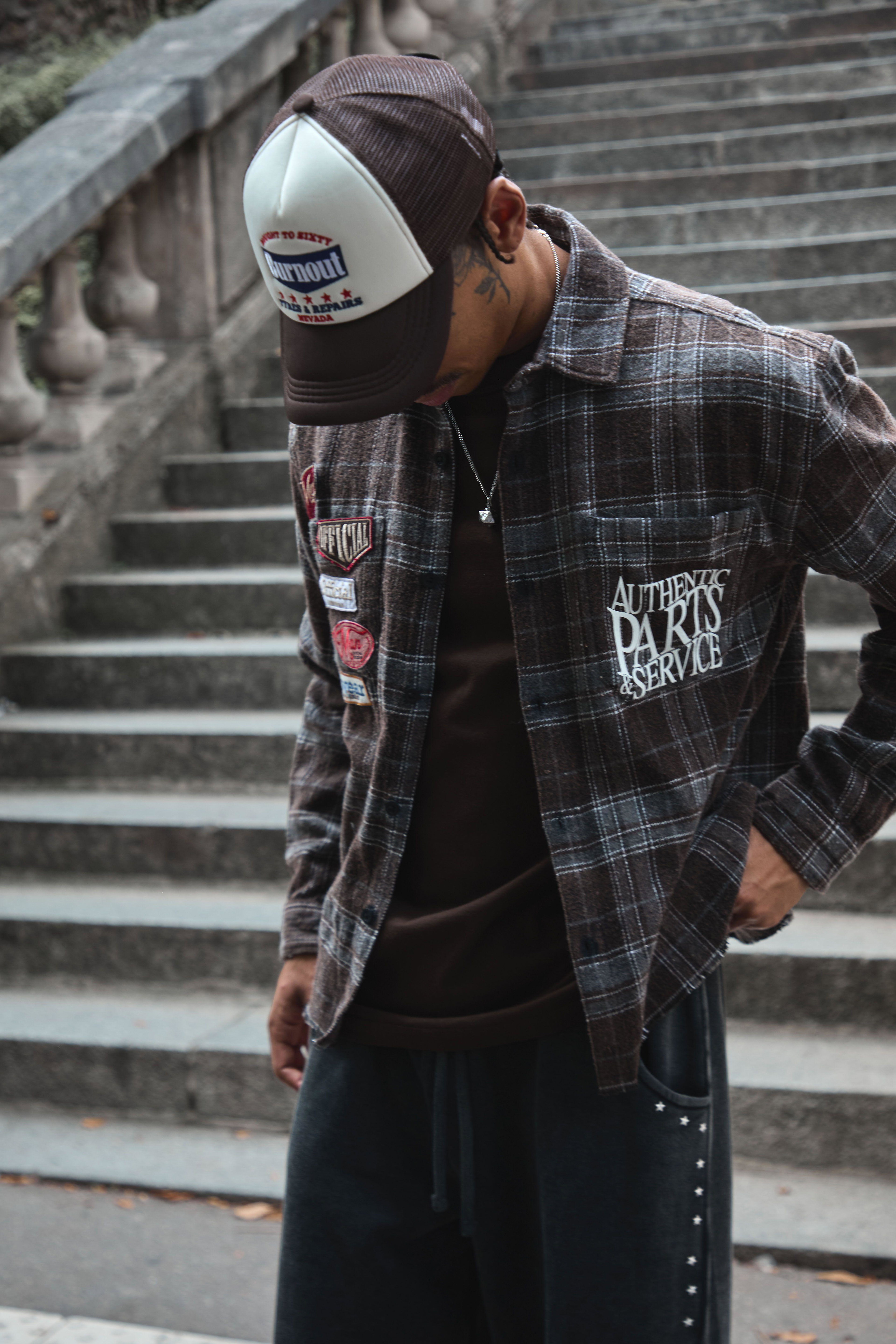 Relaxed Boxy Badge Detail Distressed Acid Wash Check Shirt by BOOHOOMAN