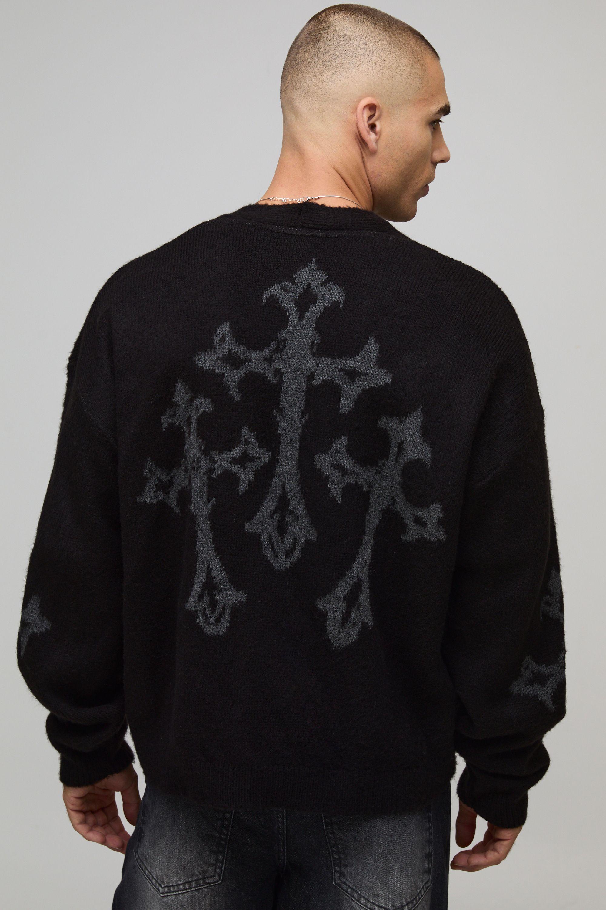 Relaxed Boxy Brushed Gothic Cross Knitted Cardigan by BOOHOOMAN