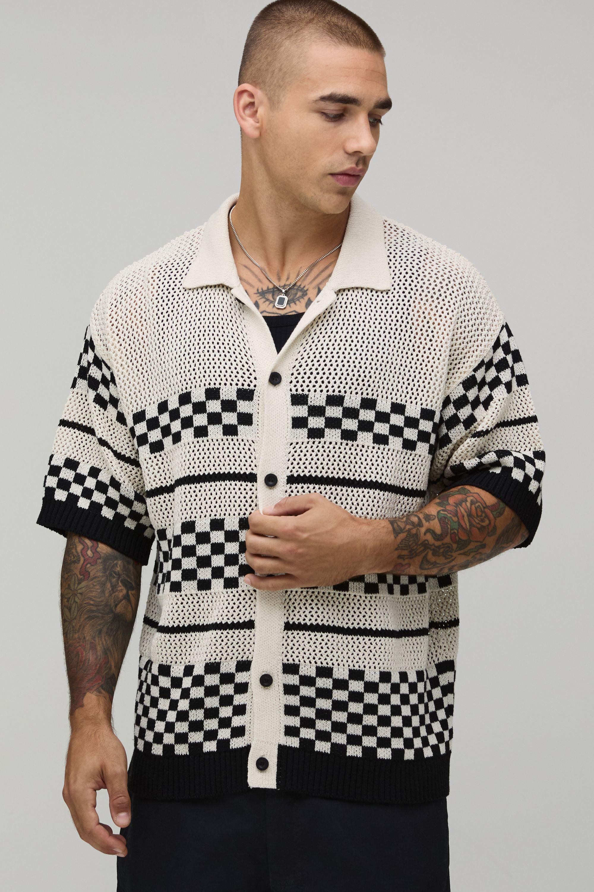 Relaxed Boxy Checkerboard Open Stitch Short Sleeve Shirt by BOOHOOMAN