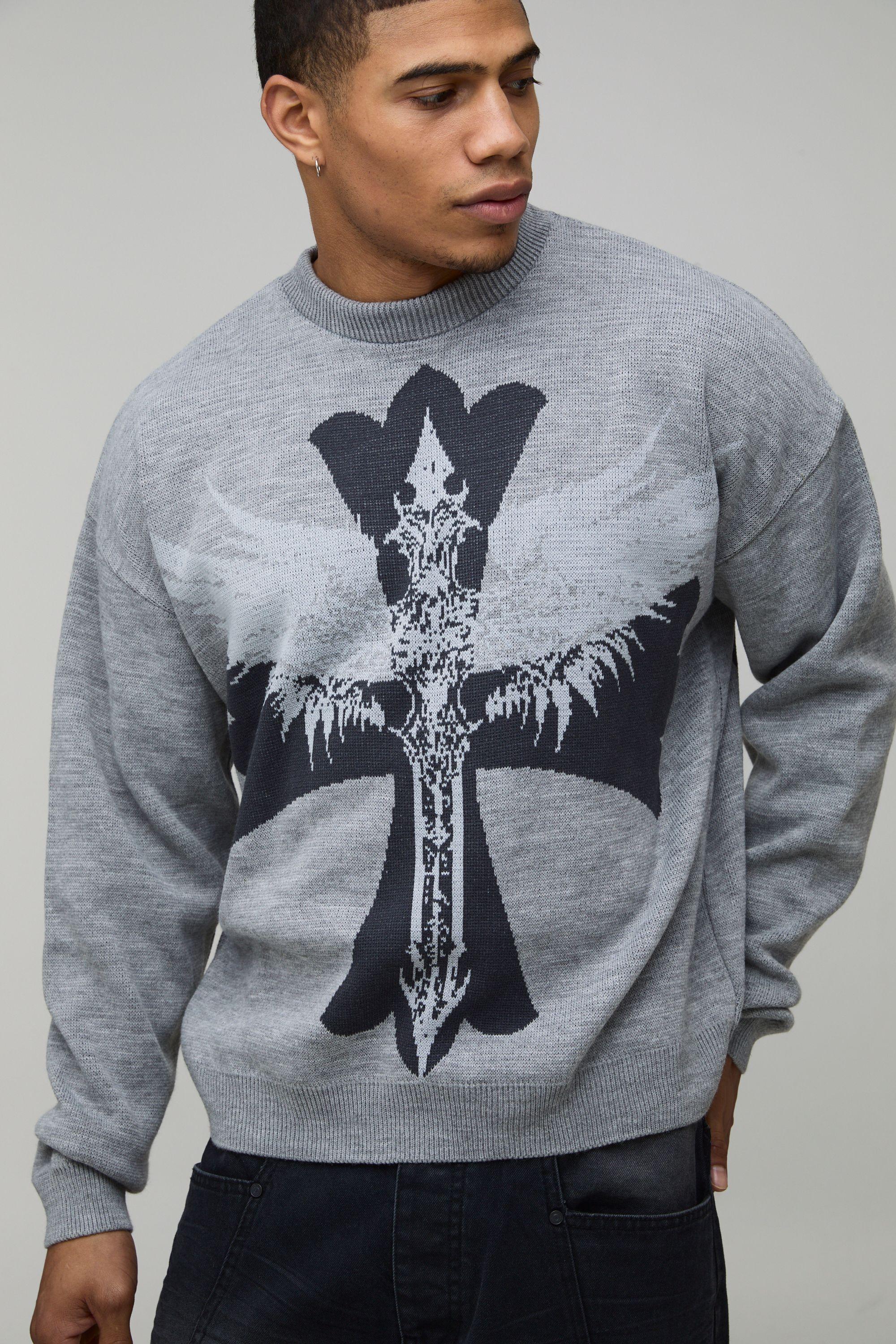 Relaxed Boxy Gothic Cross Graphic Knitted Jumper by BOOHOOMAN