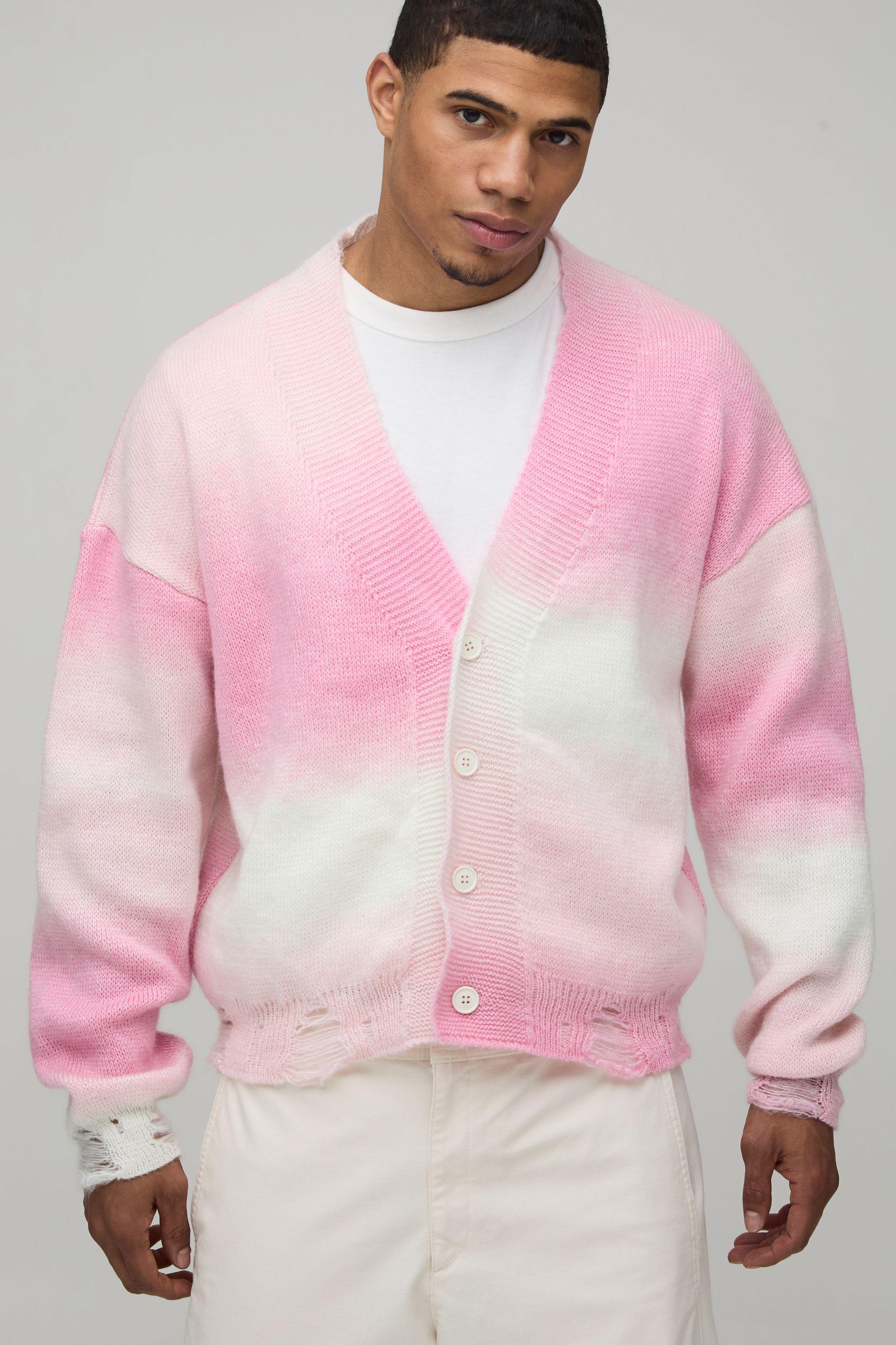 Relaxed Boxy Ombre Distressed Knitted Cardigan by BOOHOOMAN