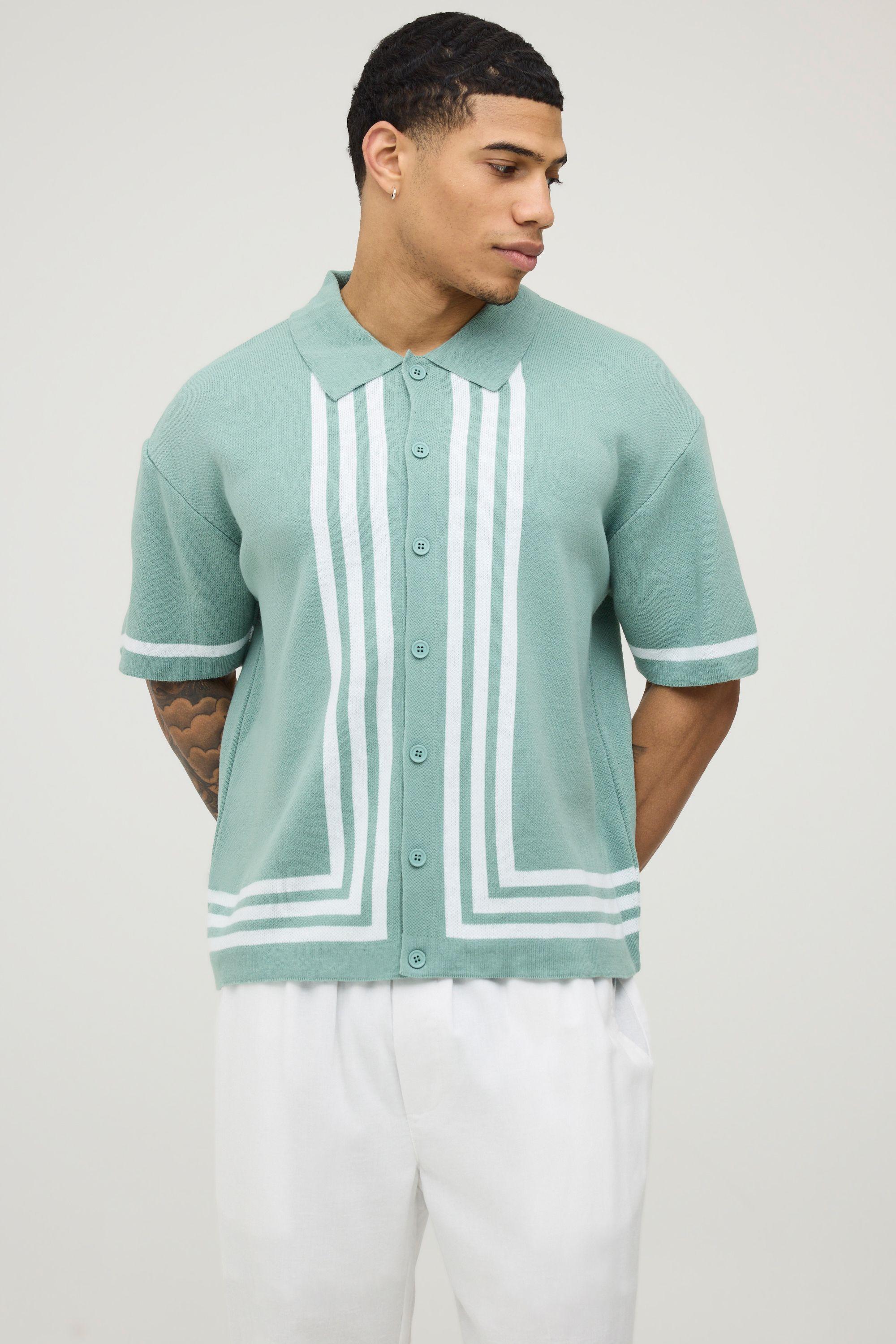 Relaxed Contrast Border Stripe Knitted Shirt by BOOHOOMAN