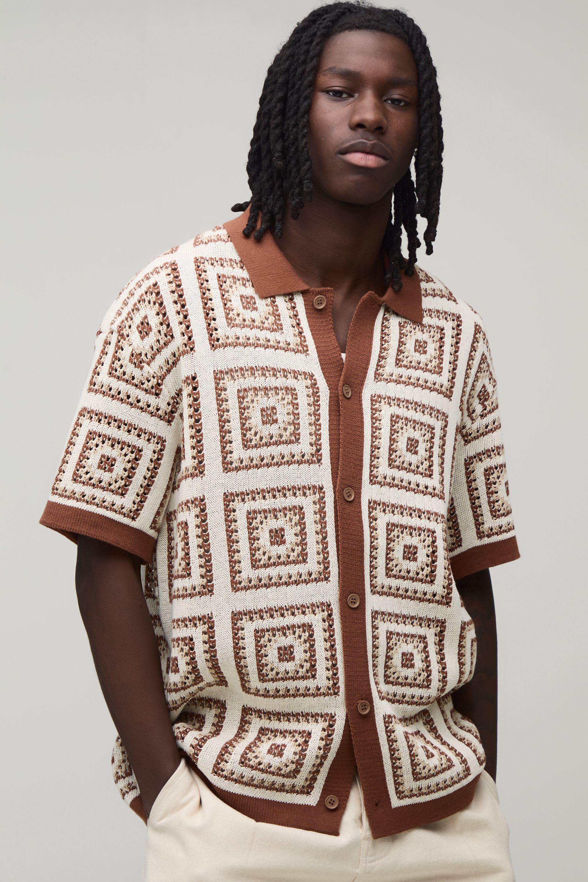 Relaxed Crochet Patch Tapestry Knitted Shirt by BOOHOOMAN
