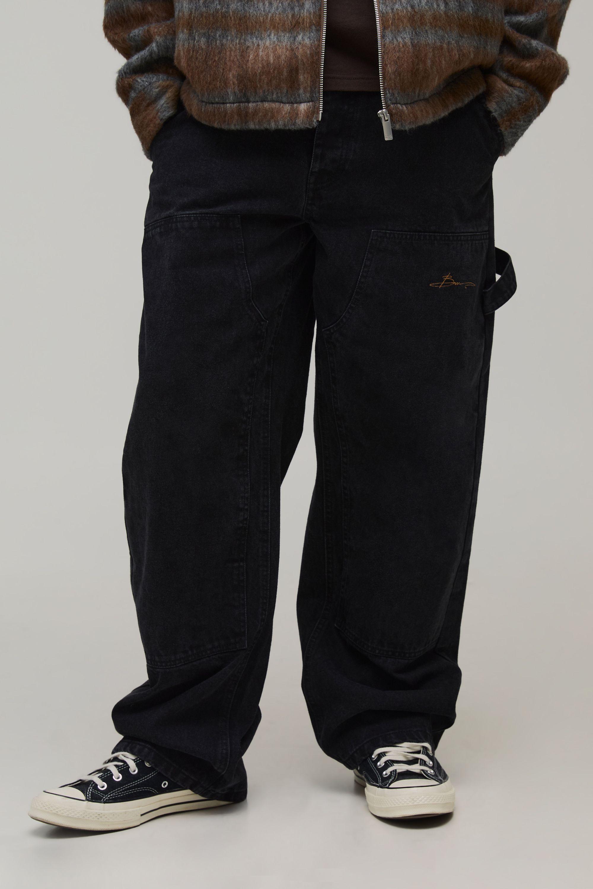 Relaxed Fit Embroidered Carpenter Jeans by BOOHOOMAN Relaxed Fit Embroidered Carpenter Jeans by BOOHOOMAN