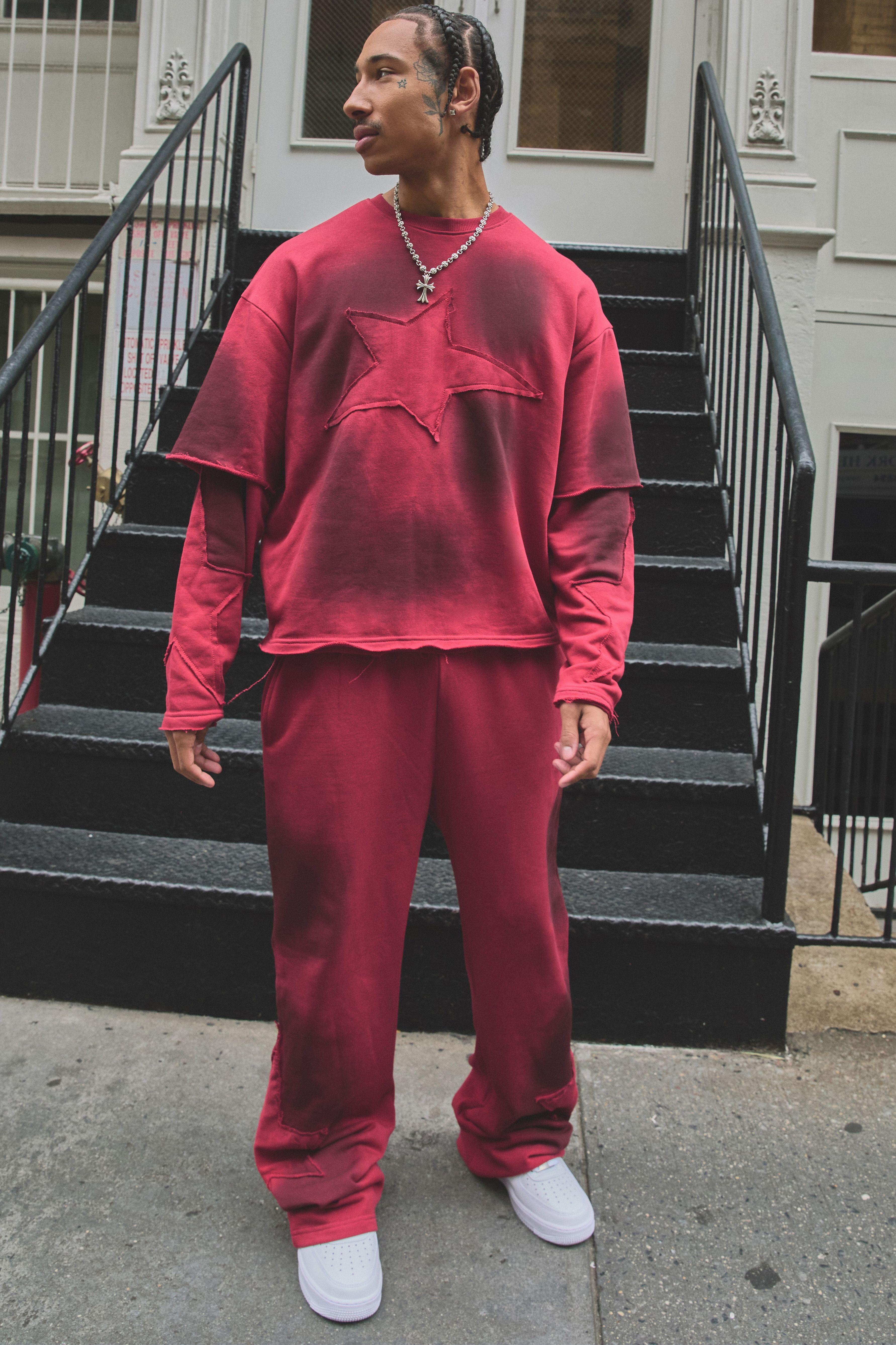 Relaxed Fit Flare Star Applique Spray Washed Loopback Joggers by BOOHOOMAN