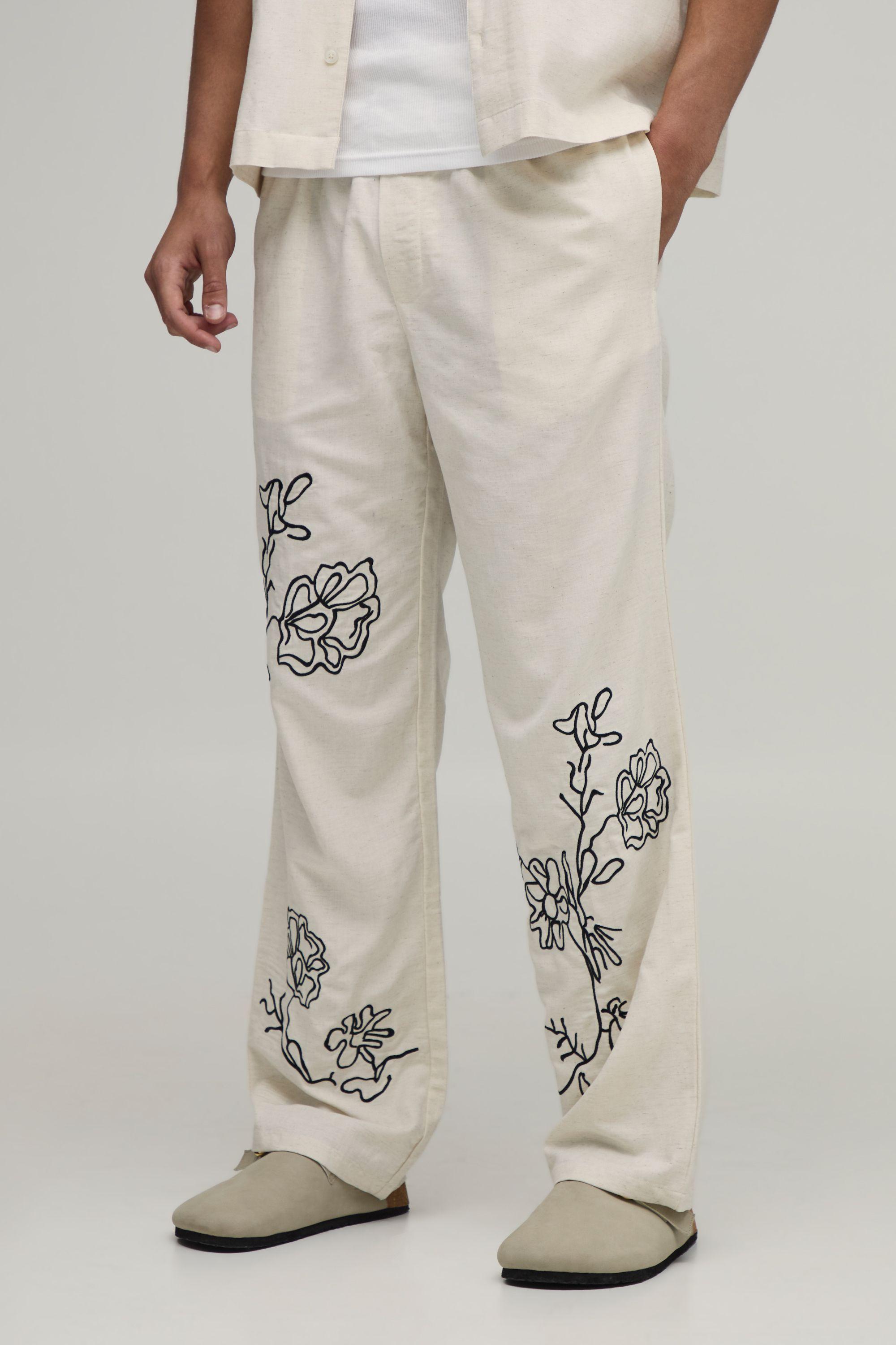 Relaxed Fit Linen Blend Floral Embroidery Co-Ord Trousers by BOOHOOMAN