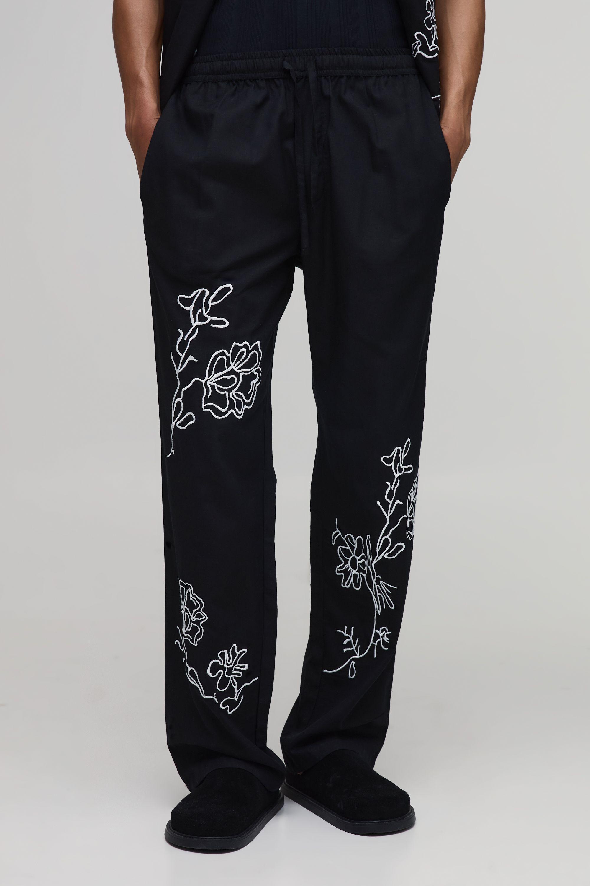 Relaxed Fit Linen Blend Floral Embroidery Trousers by BOOHOOMAN