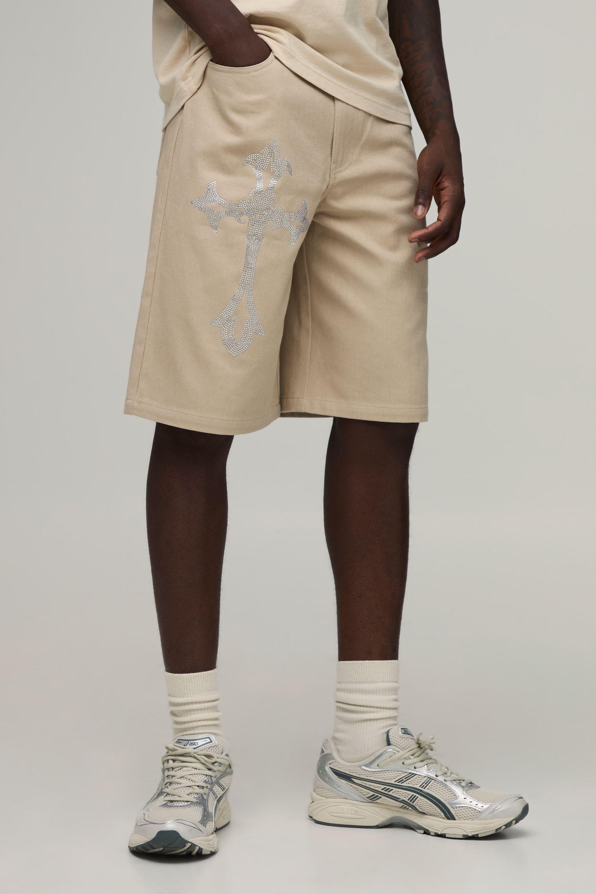 Relaxed Fit Mid Length Rhinestone Cross Short by BOOHOOMAN Relaxed Fit Mid Length Rhinestone Cross Short by BOOHOOMAN