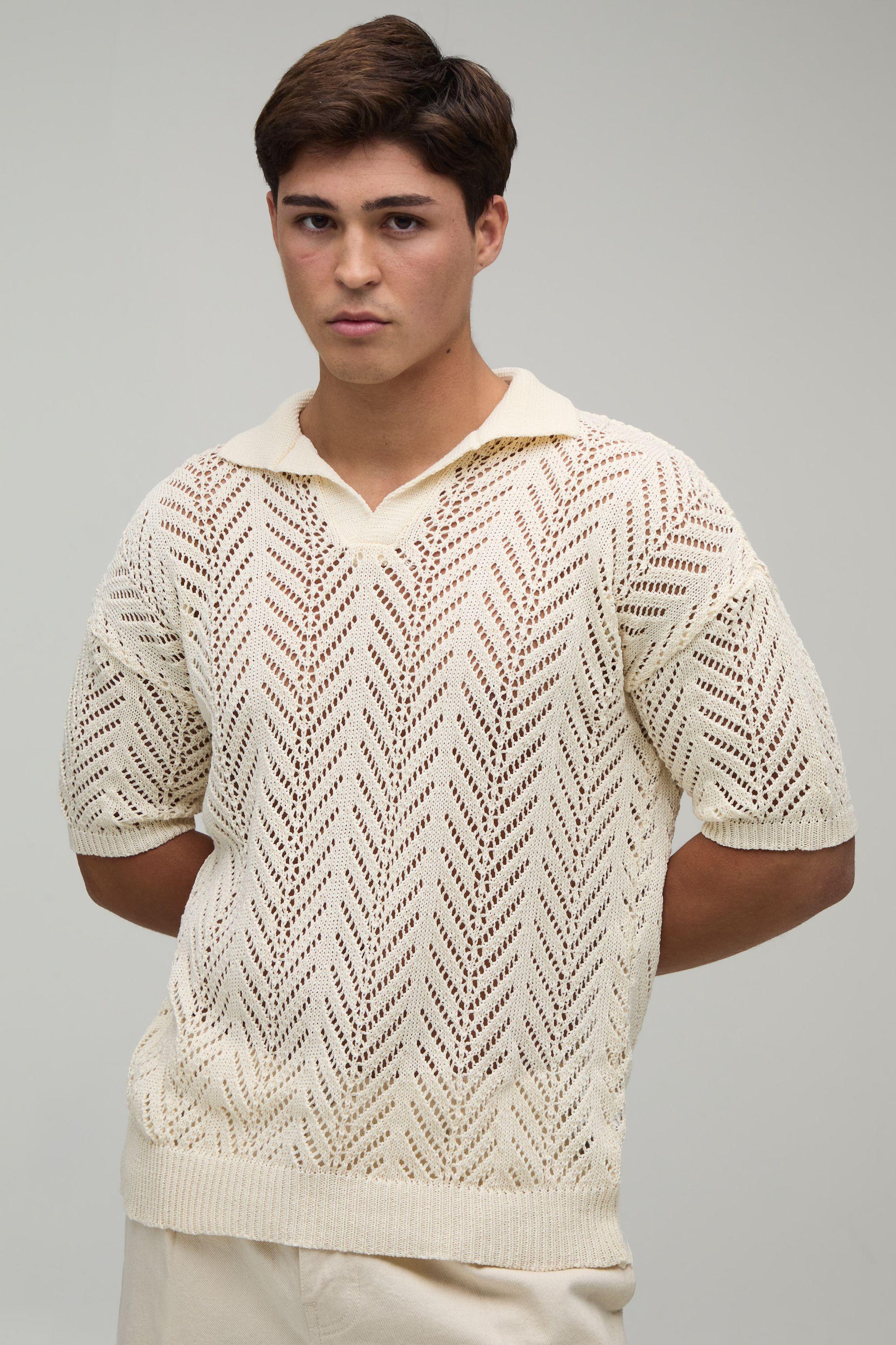 Relaxed Fit Open Stitch Knitted Polo by BOOHOOMAN