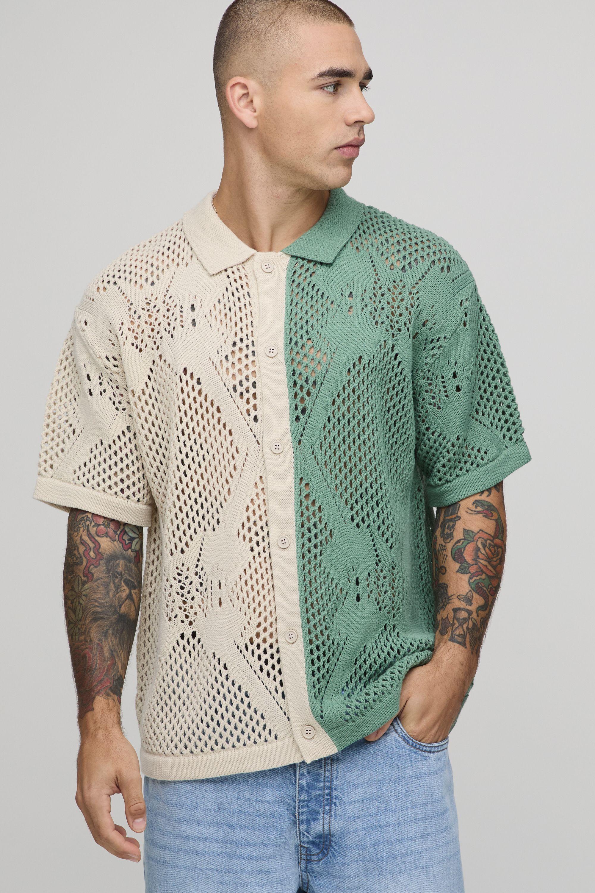 Relaxed Fit Open Stitch Spliced Crochet Knitted Shirt by BOOHOOMAN