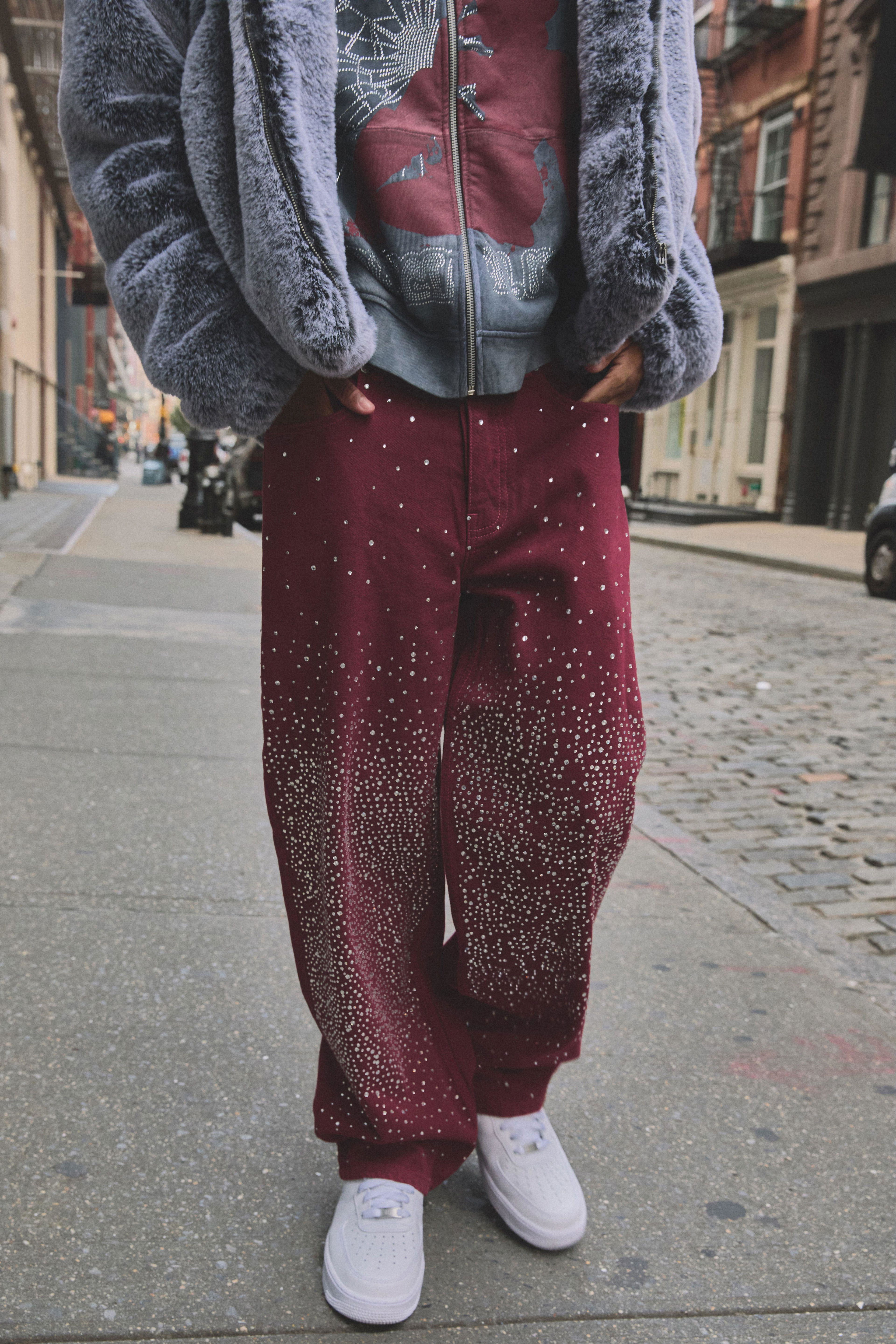 Relaxed Fit Overdyed Rhinestone Denim Jeans by BOOHOOMAN