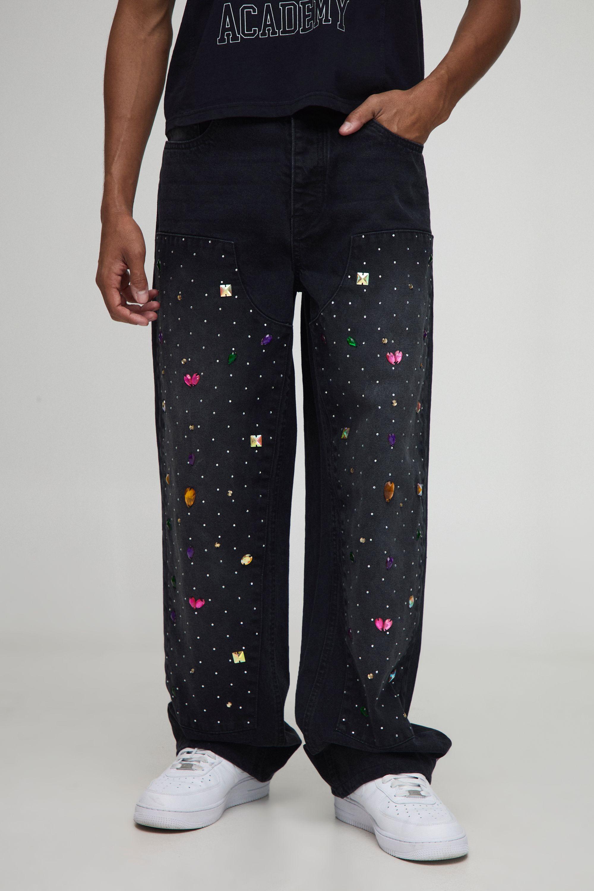 Relaxed Fit Rhinestone Carpenter Washed Jeans by BOOHOOMAN