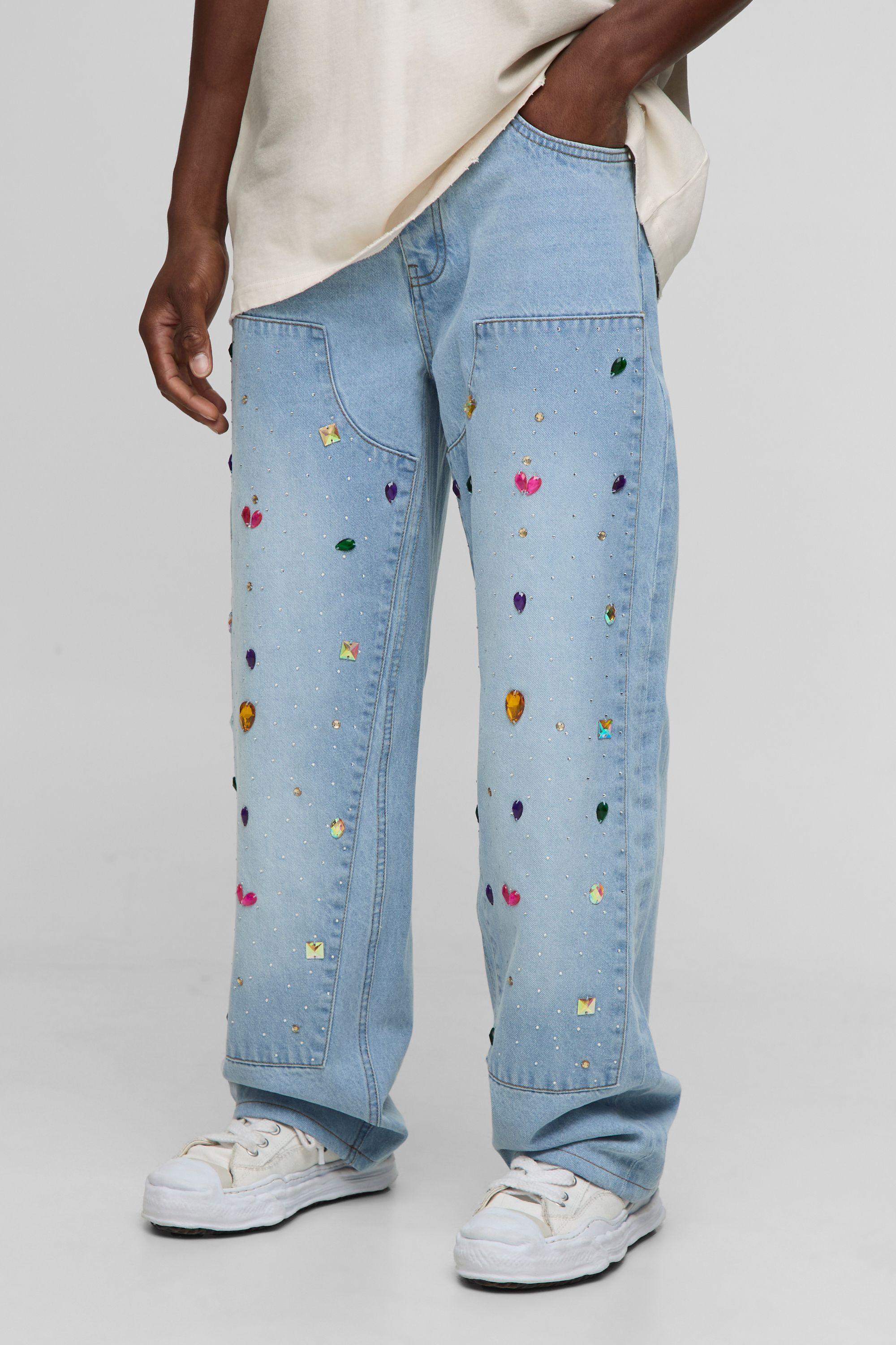 Relaxed Fit Rhinestone Carpenter Washed Jeans by BOOHOOMAN
