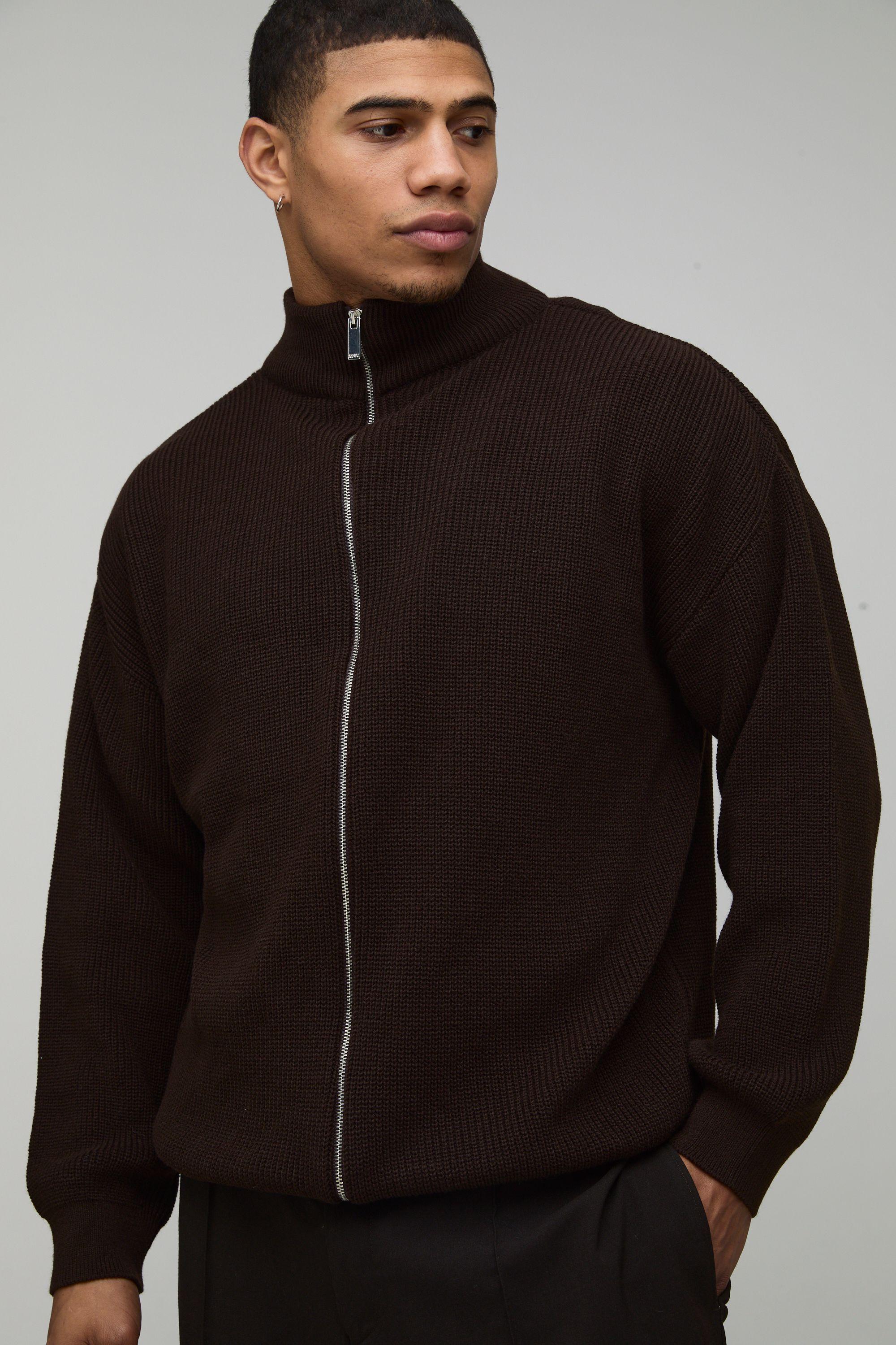 Relaxed Fit Ribbed Funnel Zip Thru Knitted Jumper by BOOHOOMAN