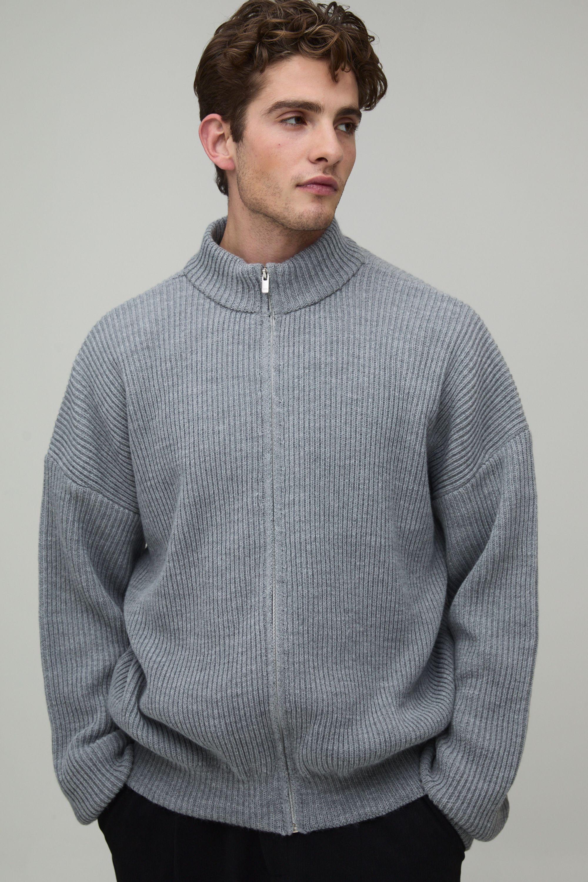 Relaxed Fit Ribbed Track Knitted Jacket by BOOHOOMAN