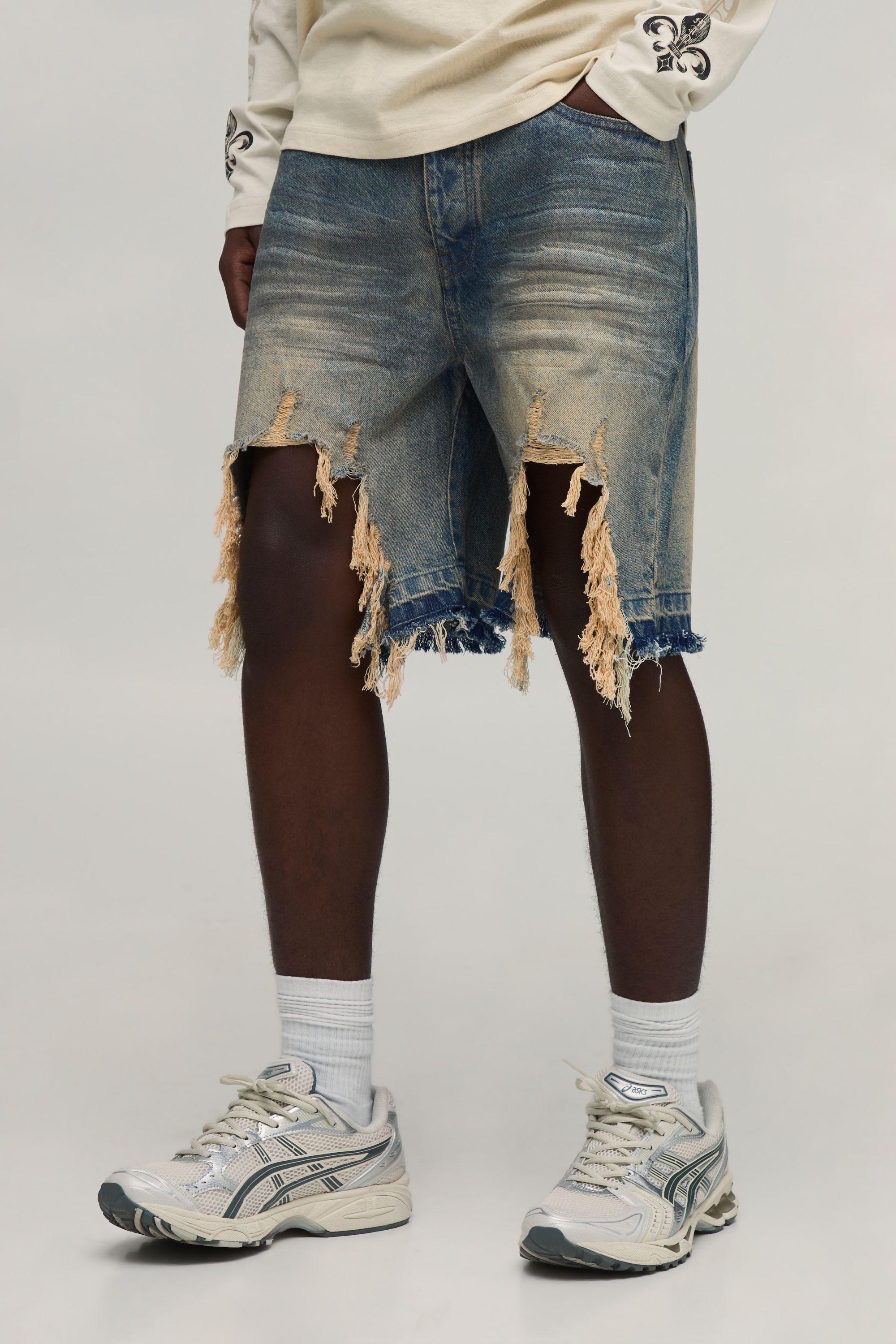 Relaxed Fit Rigid Extreme Ripped Denim Shorts by BOOHOOMAN