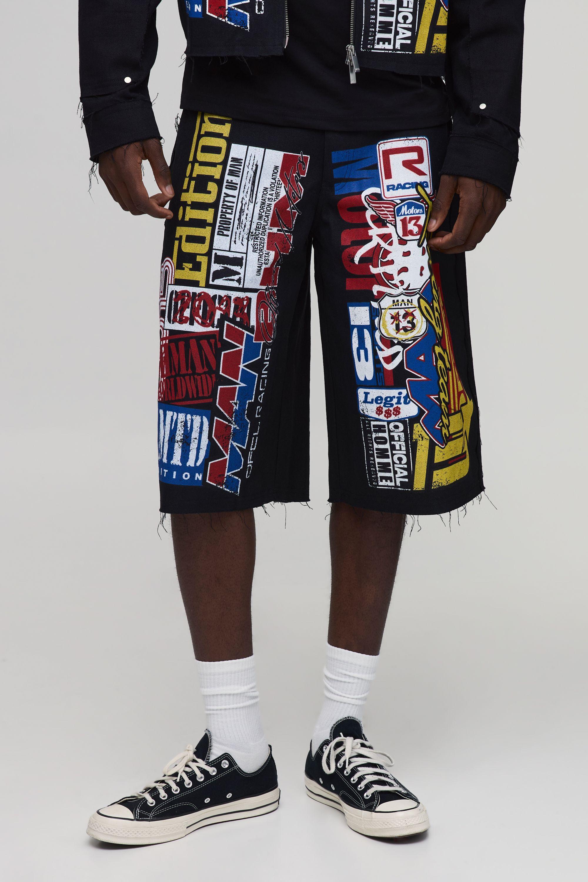 Relaxed Fit Stacked Print Longline Short by BOOHOOMAN