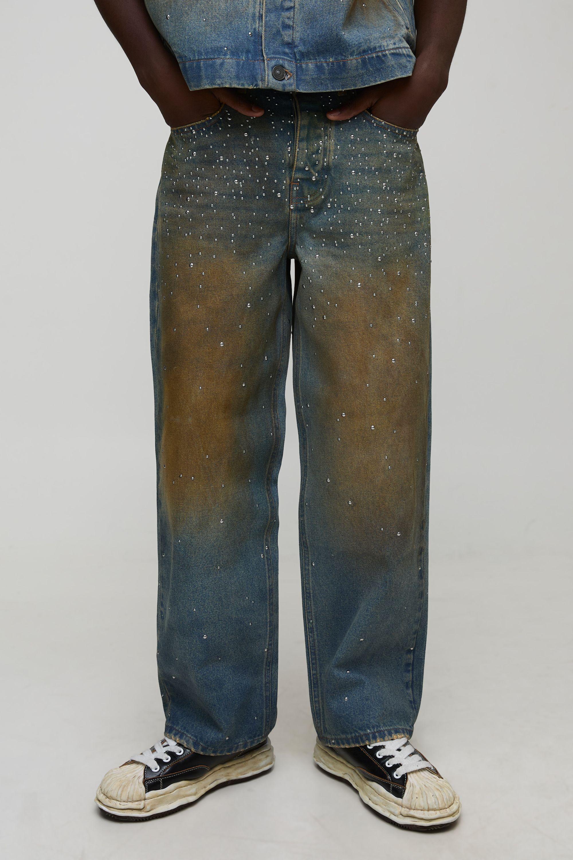 Relaxed Fit Studded Embellished Denim Jeans by BOOHOOMAN