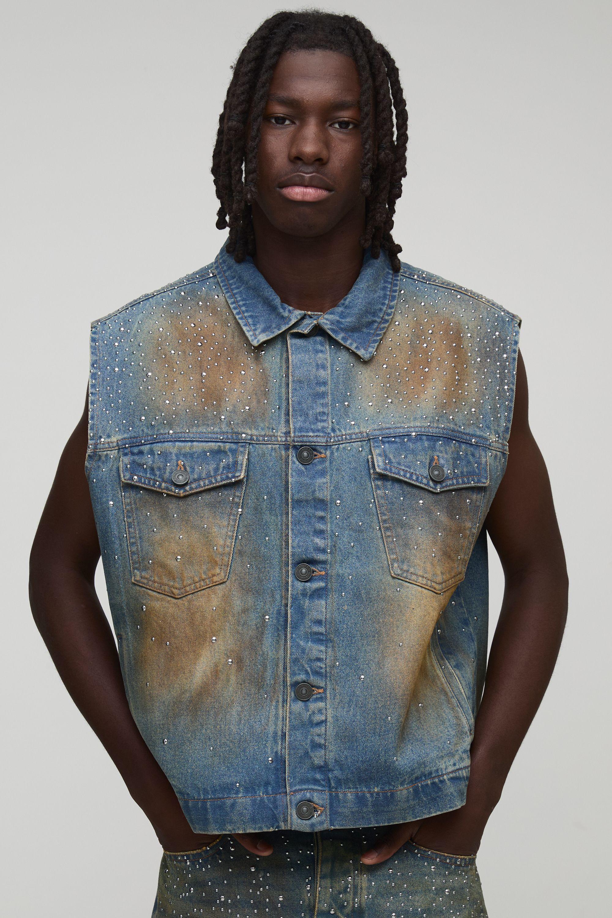 Relaxed Fit Studded Embellished Denim Vest by BOOHOOMAN