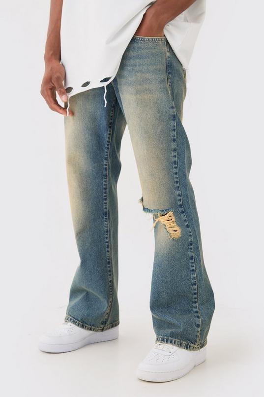 Relaxed Flare Rigid Knee Rip Tinted Denim Jeans by BOOHOOMAN