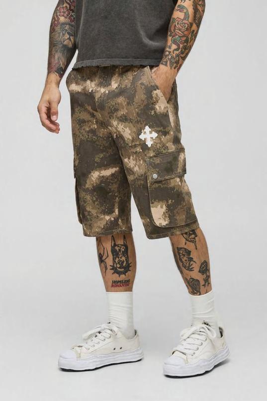 Relaxed Flare Twill Cross Applique Camo Cargo Shorts by BOOHOOMAN