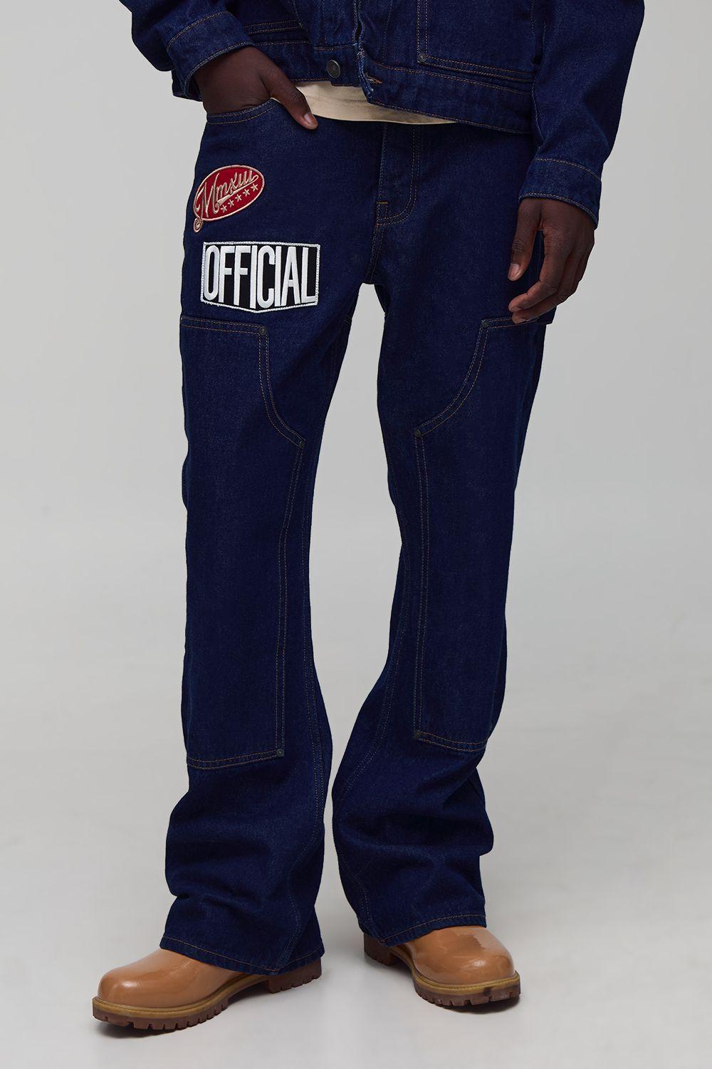 Relaxed Flared Varsity Badge Carpenter Denim Jeans by BOOHOOMAN