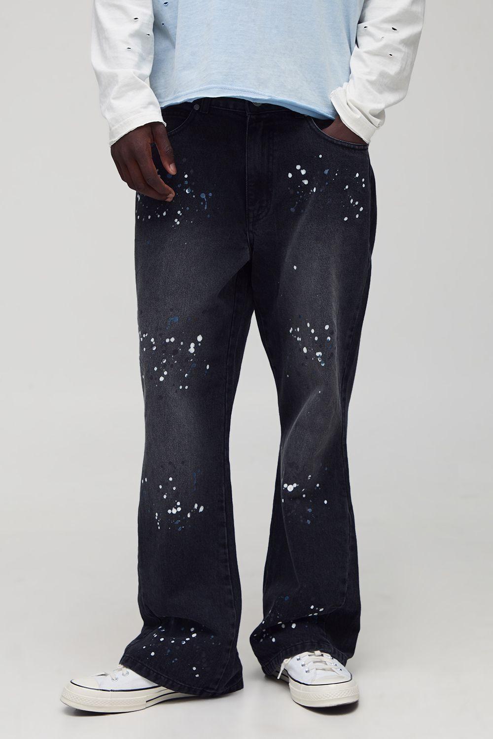 Relaxed Flared Washed Gusset Paint Splatter Jeans by BOOHOOMAN
