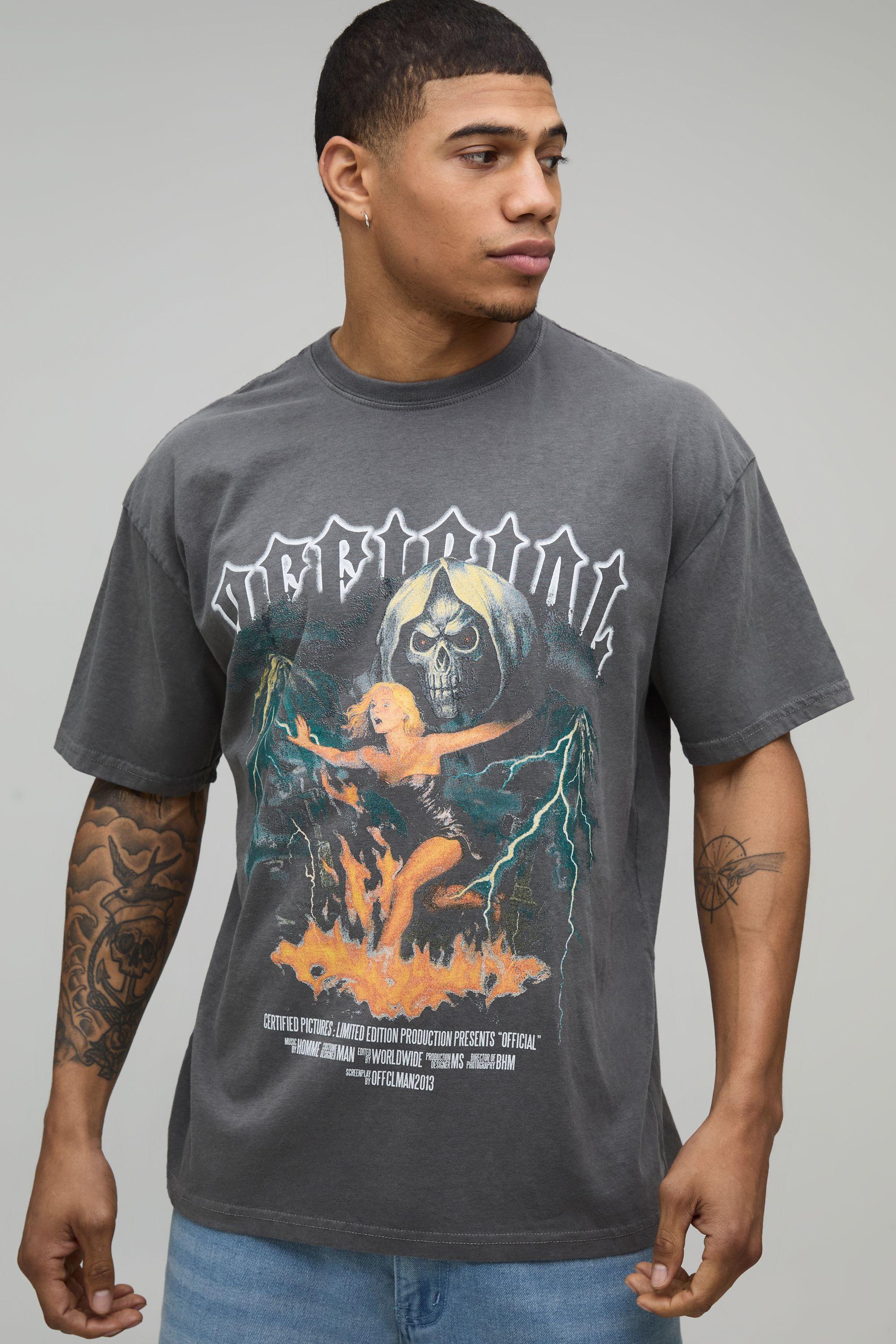 Relaxed Gothic Skull Printed Washed T-Shirt by BOOHOOMAN