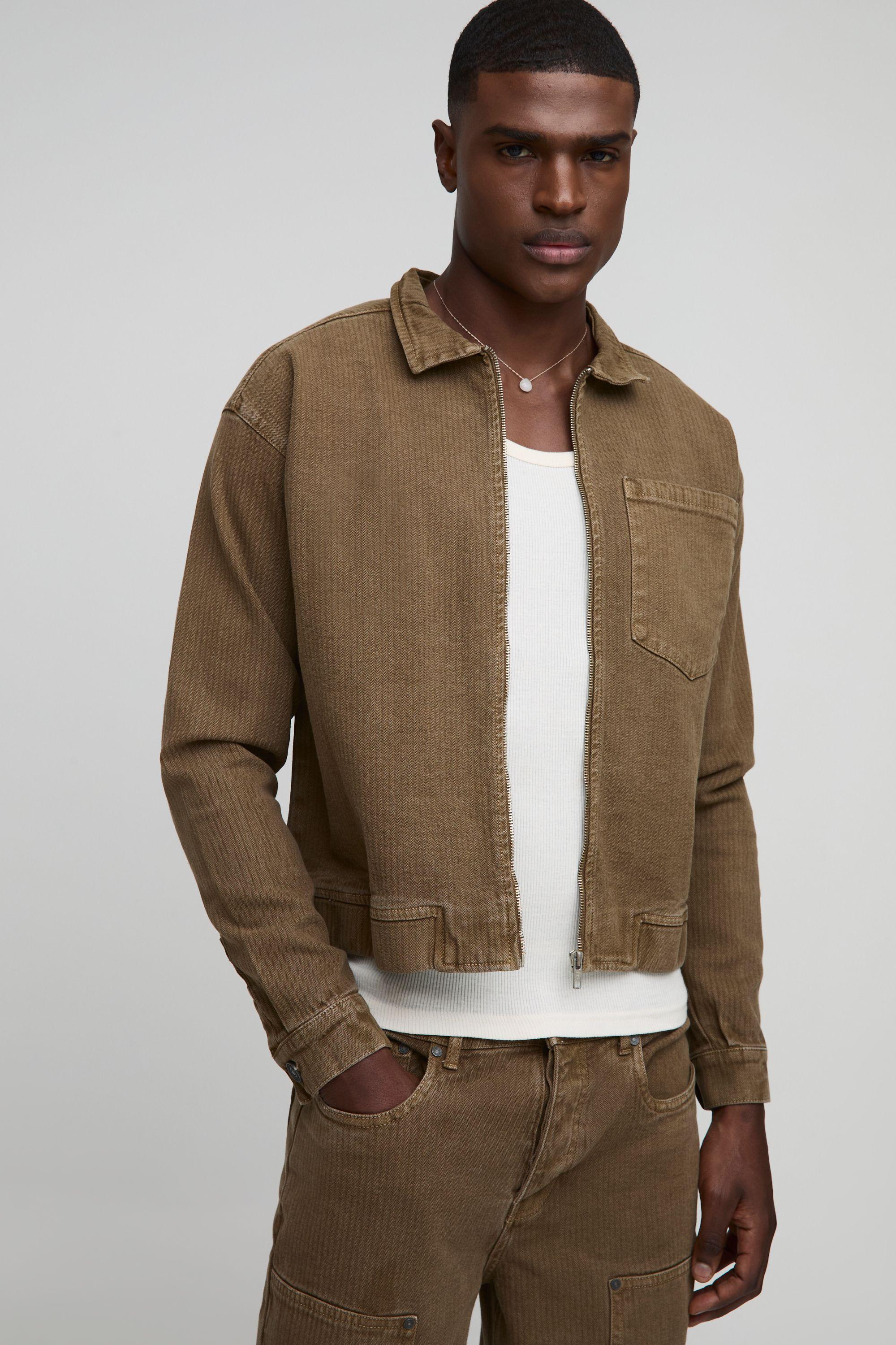 Relaxed Herringbone Twill Harrington Jacket by BOOHOOMAN