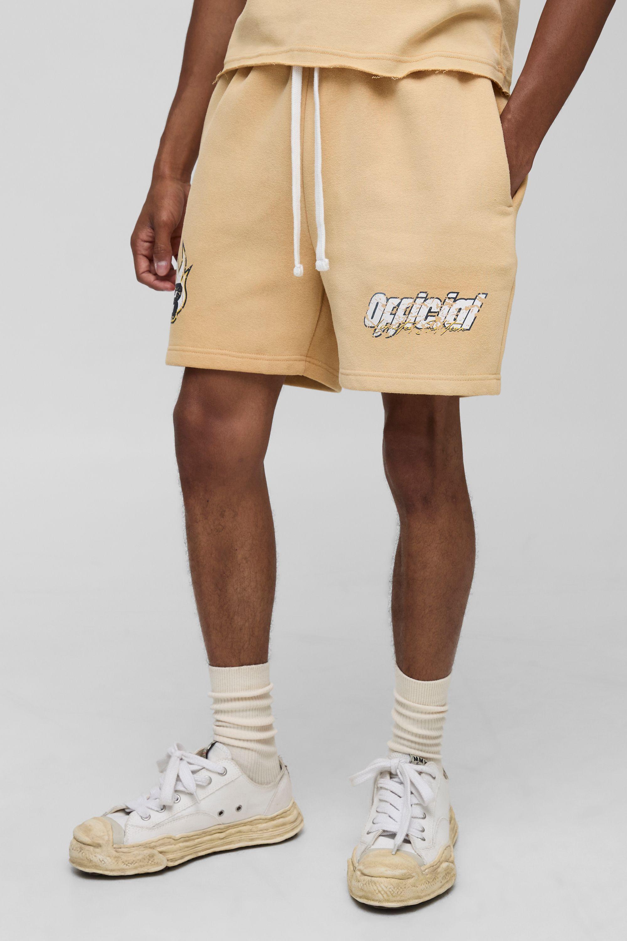Relaxed Moto Graphic Washed Shorts by BOOHOOMAN