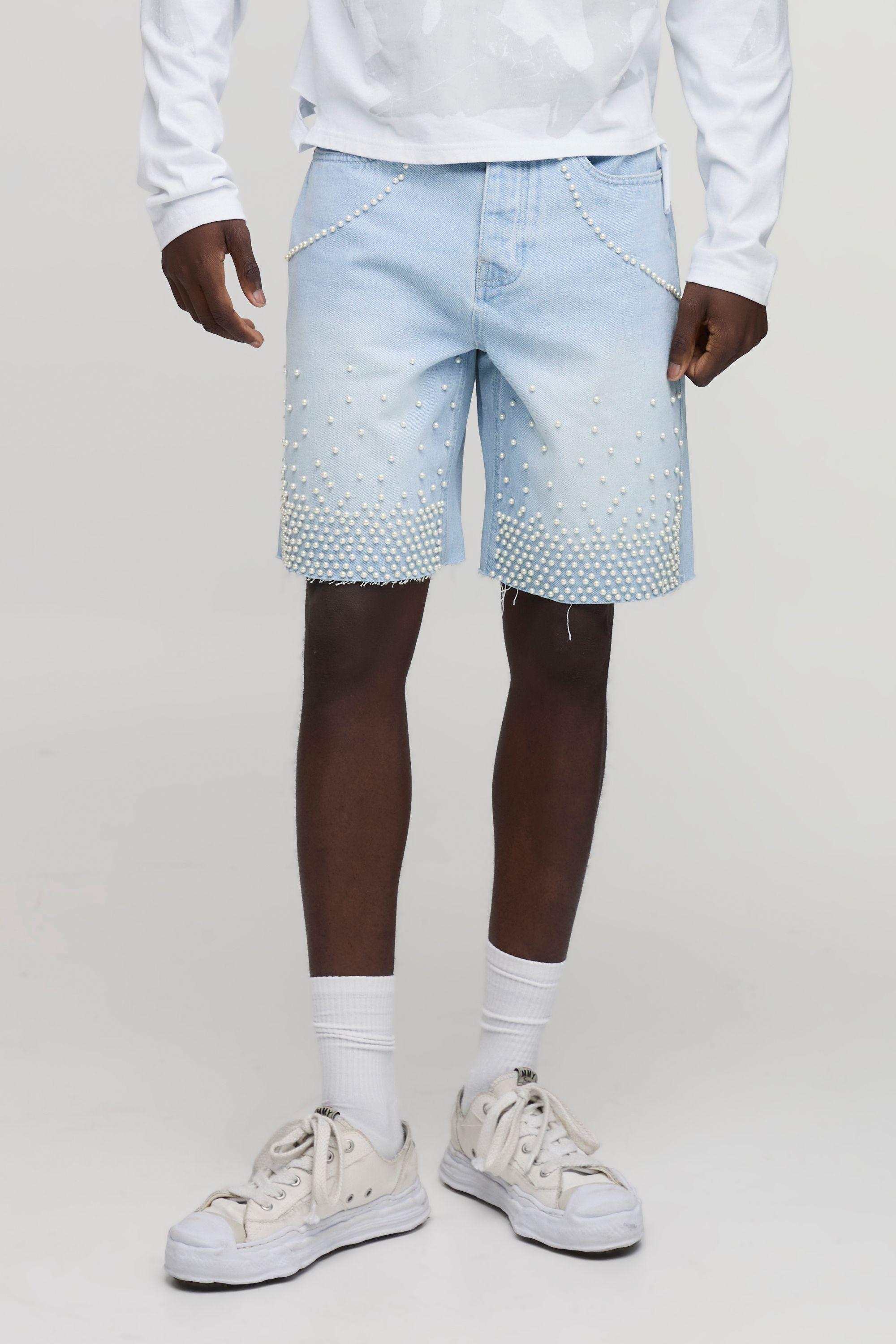 Relaxed Pearl Embellished Denim Shorts by BOOHOOMAN