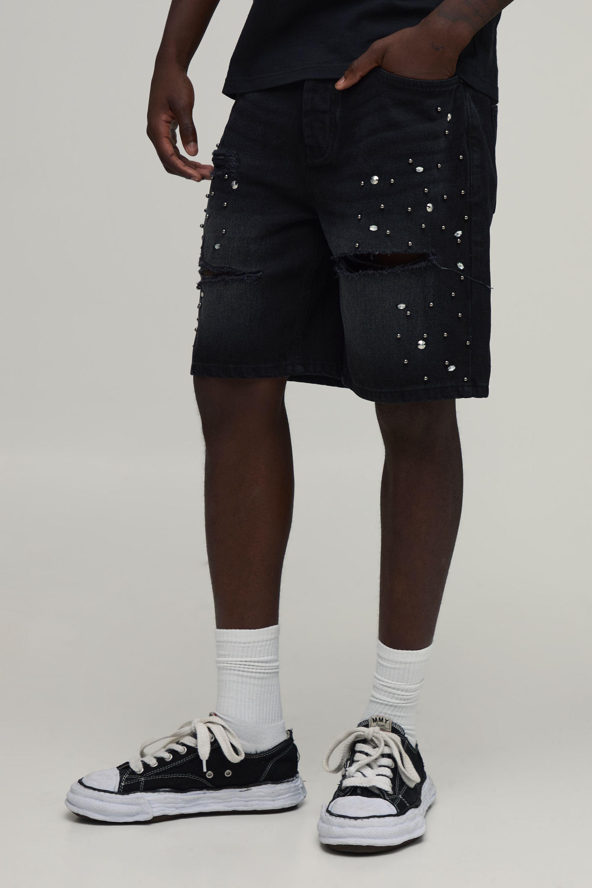 Relaxed Rhinestone Embellished Ripped Denim Shorts by BOOHOOMAN