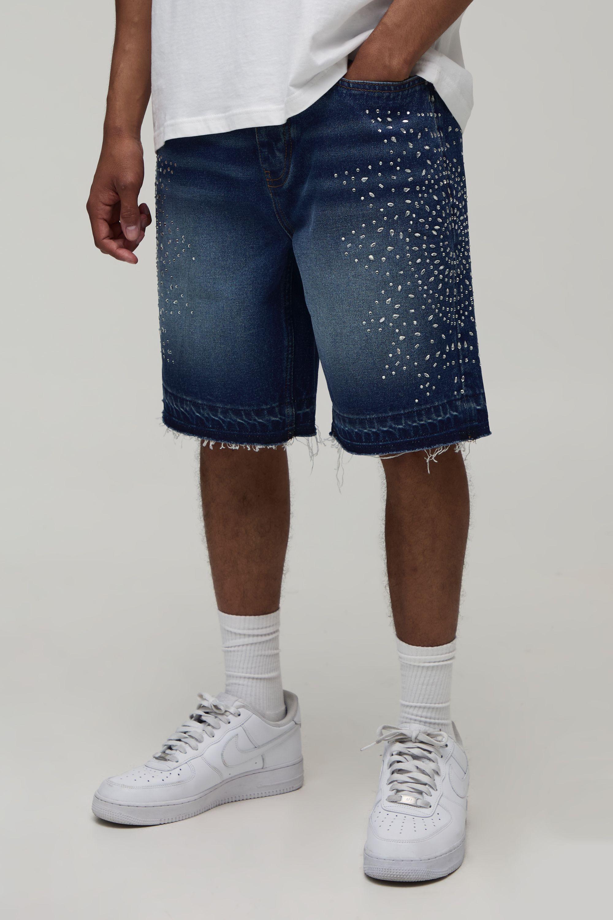 Relaxed Rhinestone Raw Edge Denim Shorts by BOOHOOMAN Relaxed Rhinestone Raw Edge Denim Shorts by BOOHOOMAN