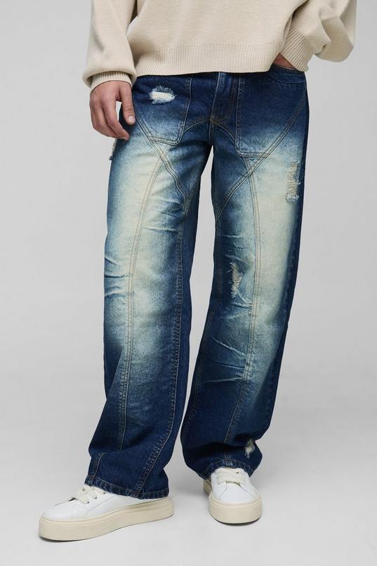 Relaxed Rigid Distressed Panelled Crinkle Wash Denim Jeans by BOOHOOMAN