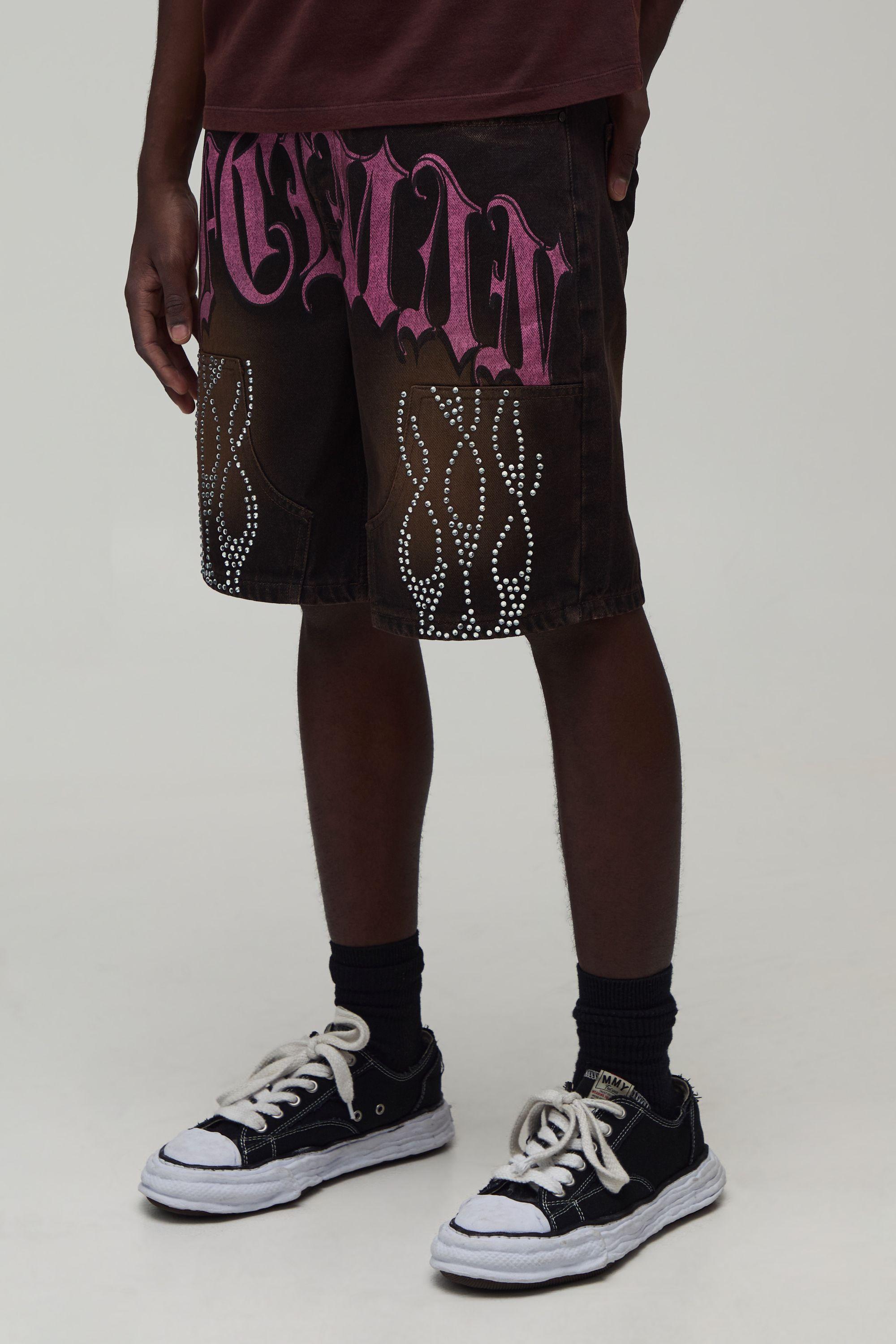 Relaxed Rigid Rhinestone Carpenter Shorts by BOOHOOMAN