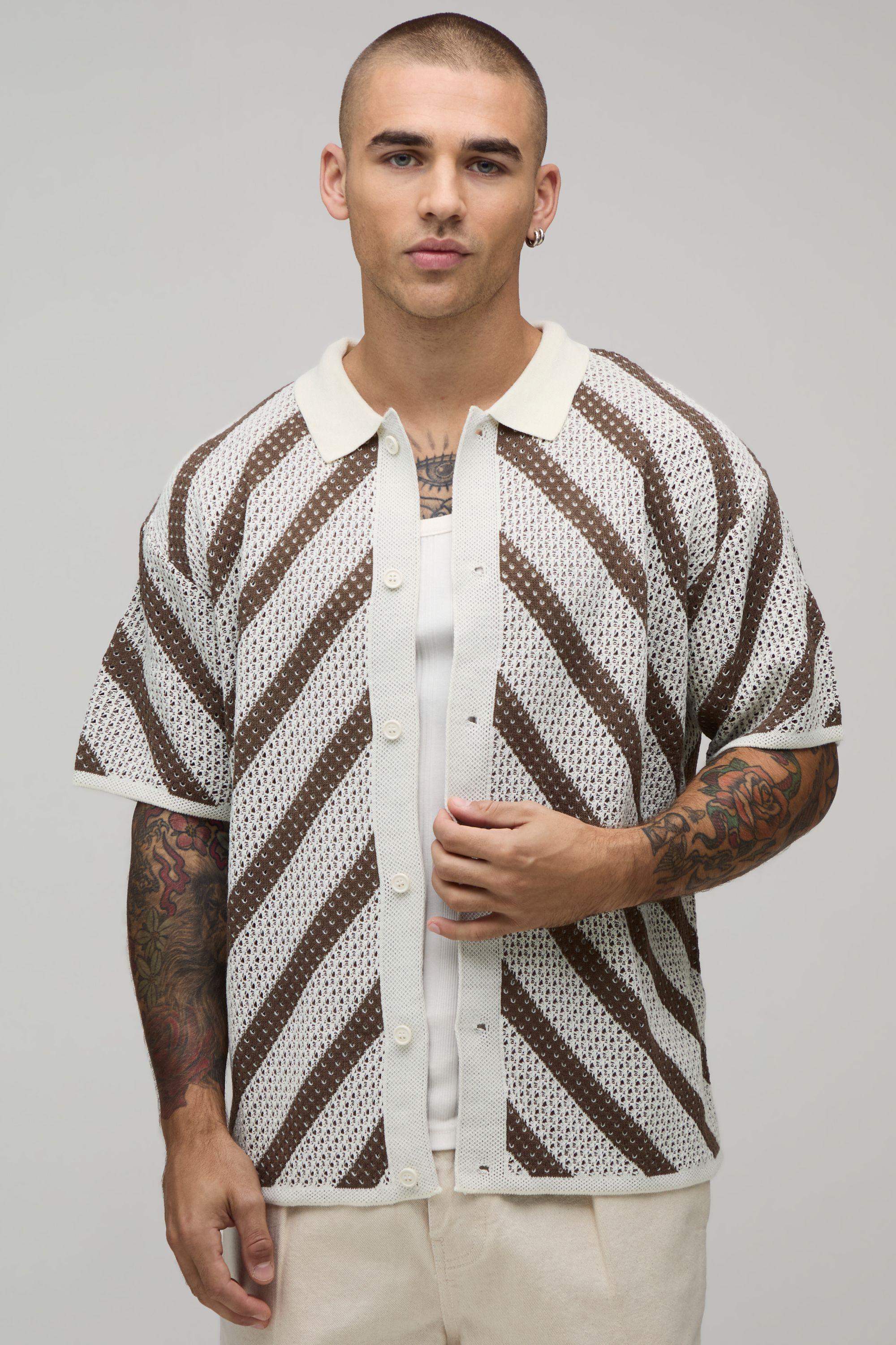 Relaxed Stripe Open Stitch Knitted Shirt by BOOHOOMAN
